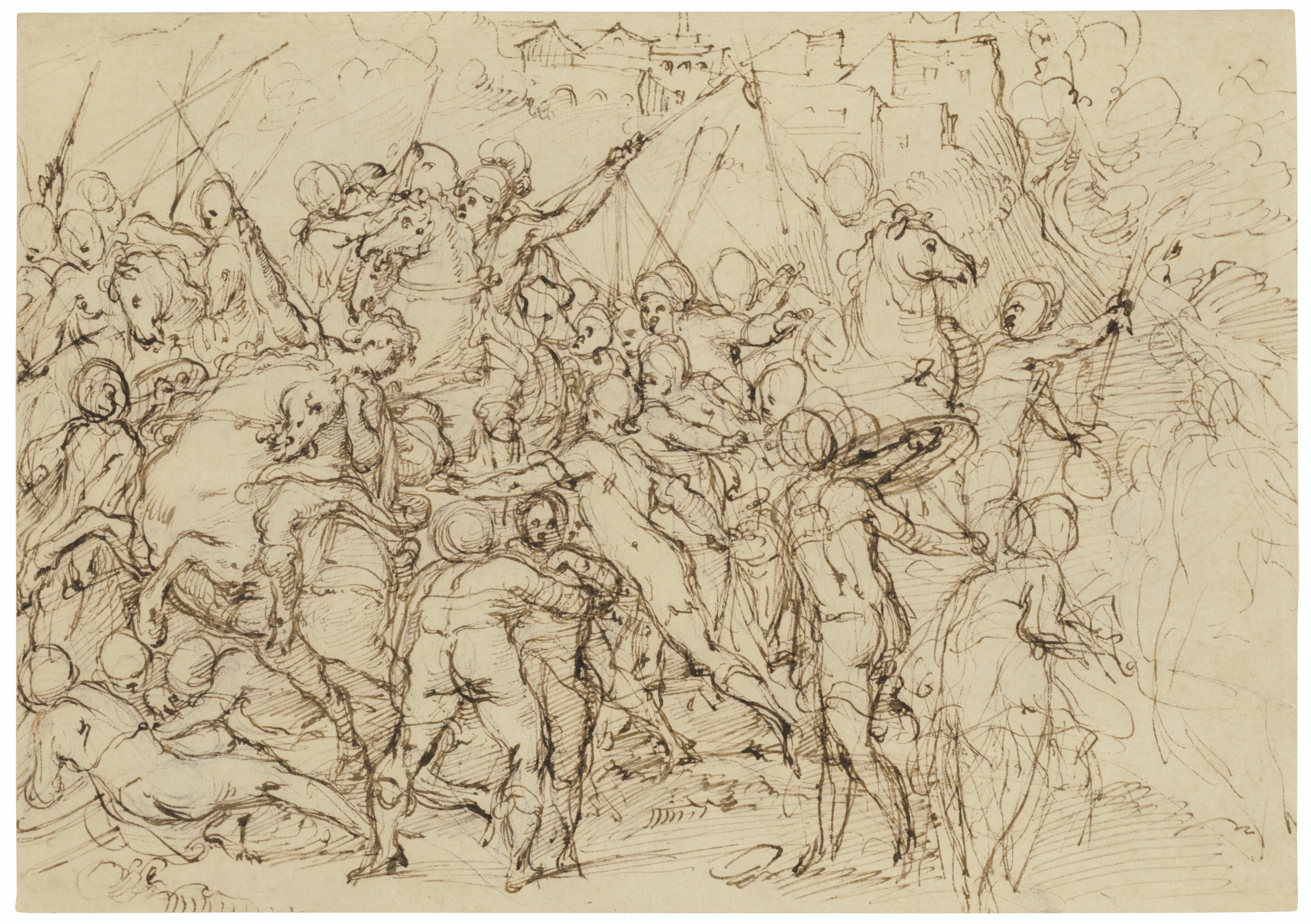 Michelangelo — Сцена битвы на коне (справа налево); Два этюда с изображением головы Лоренцо Медичи, выполненные Микеланджело (слева направо).