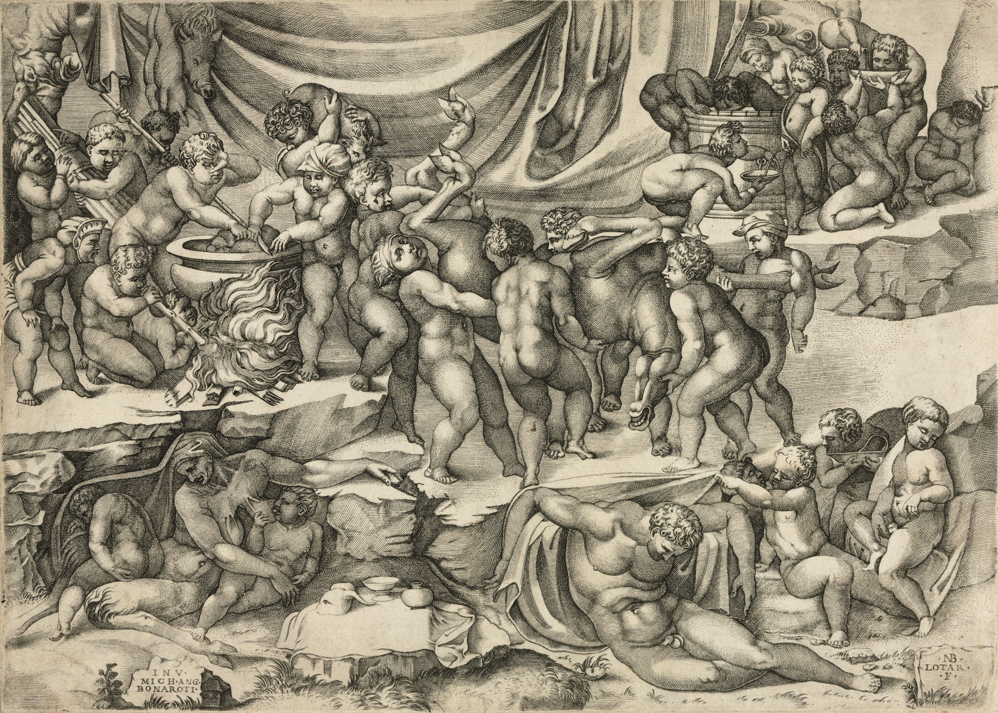 Michelangelo — Вакханалия с Путти, затаскивающей осла в кастрюлю для варки