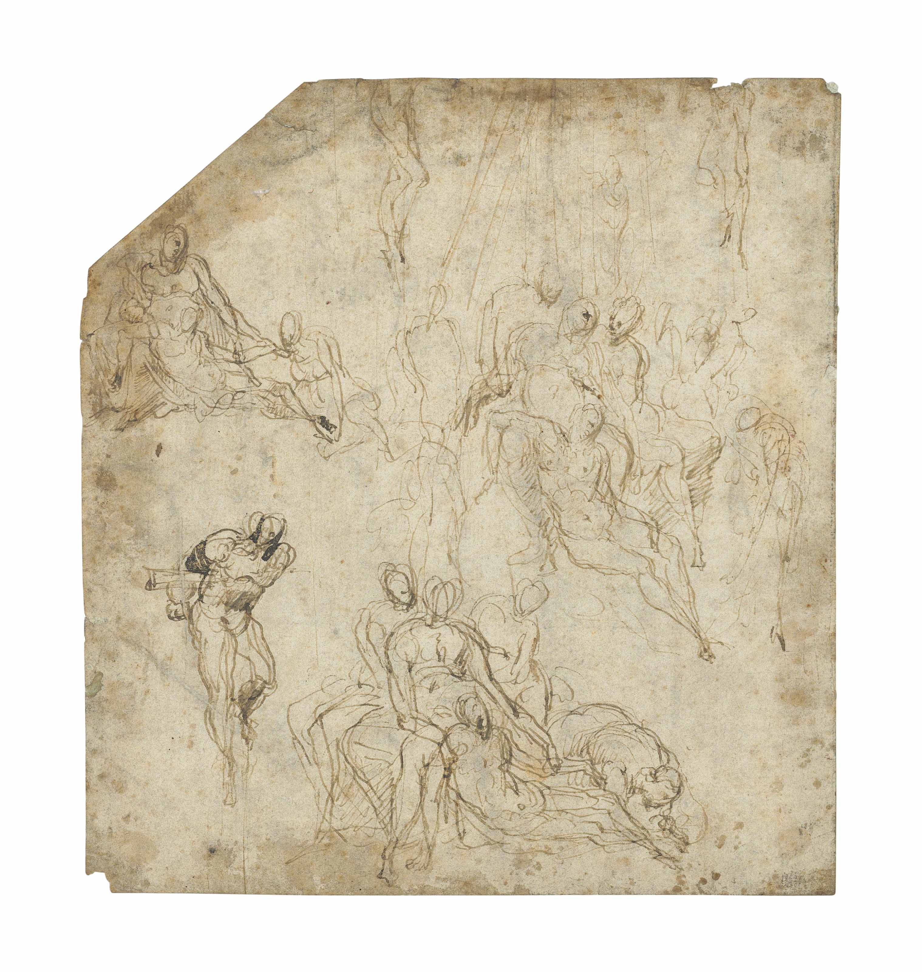 Michelangelo — Этюды к распятию и низложению (справа налево ); Частичный этюд Христа на кресте в окружении двух ангелов, выполненный Микеланджело (оборотная сторона)