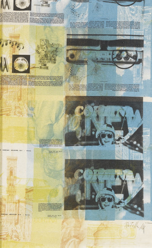 Mimmo Rotella — Лото из двух опер: а) Надпись "Фирма и дата Ротелла, 66" (в бассо-а-дестра), эмульсионное тело, 45 см,5х32, оригинал 1966 года, Авторский дом Фонда Миммо Ротелла, Милан, № 0657, 966/000; б) Надпись "Фирма и дата Ротелла, 72" (в бассо-а-дестра), надпись "Любимая" (в Бассо аль чентро); "фирма Ротелла", опера "Аутентика и юника", Агосто, 87 (в стиле ретро), размер 48x66 см, 1972 год, коллекция "Аутентика делла Миммо Ротелла", Милан, номер 0660, FR 972/000 (2).