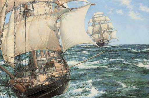 Montague Dawson — Мчась домой, "Чайна Клипперс Хризолит" и "Сторноуэй" почти вплотную приблизились друг к другу