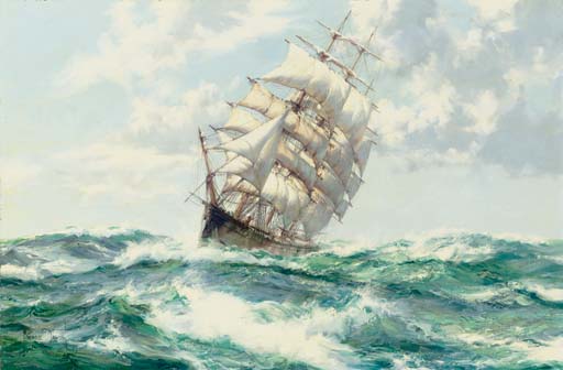 Montague Dawson — Сильный ветер, клипер "Северная Америка" в бушующем море.