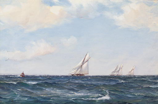 Montague Dawson — Королевская гоночная яхта "Британия" приближается к поворотному пункту, значительно опережая остальных