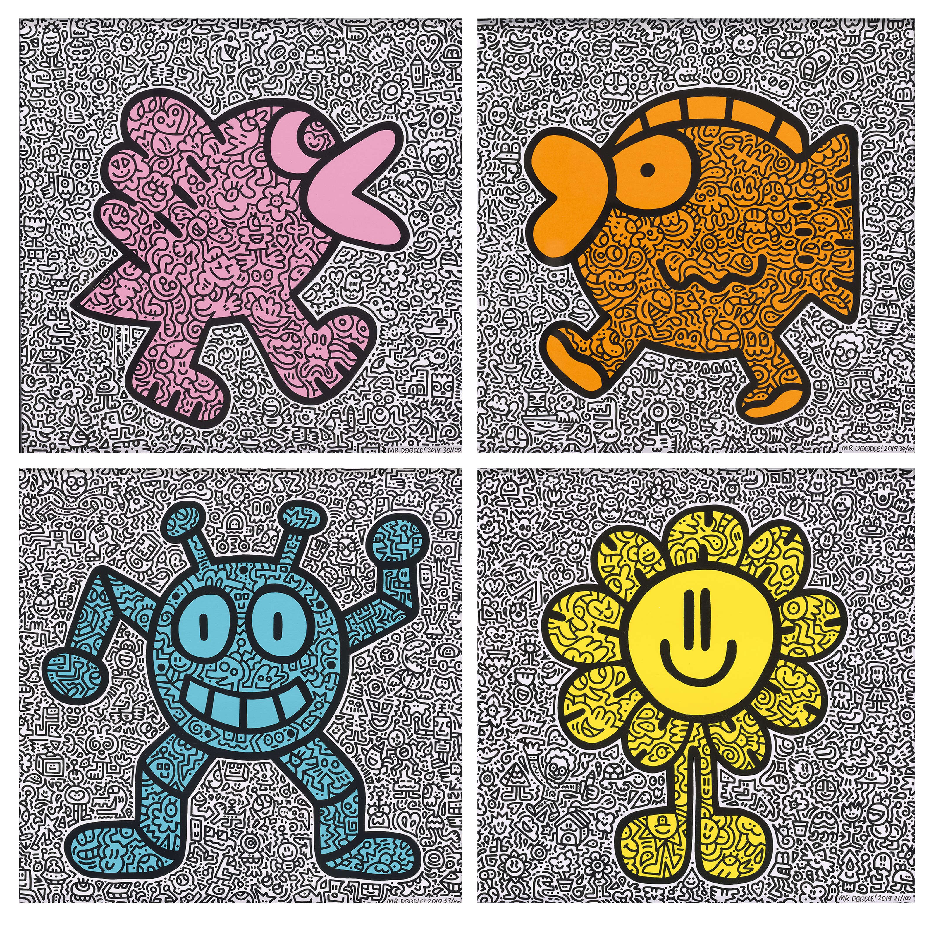 Mr Doodle — Желтый цветок, Оранжевая рыбка, Розовая птичка и синий робот (4 работы)