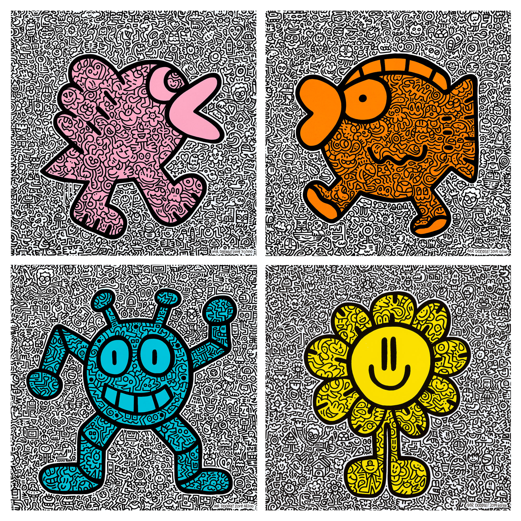 Mr Doodle — Желтый цветок, Оранжевая рыбка, Розовая птичка и синий робот (4 работы)