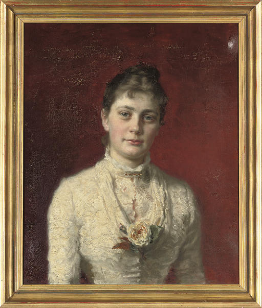 Mr. — Портрет миссис Х. Уичфелд (1849-1907), в полный рост, в коричневом костюме и зеленой шляпе, на фоне леса; и портрет Э. Уичфелда, эсквайра, в полный рост, в белом кружевном платье с желтой розой