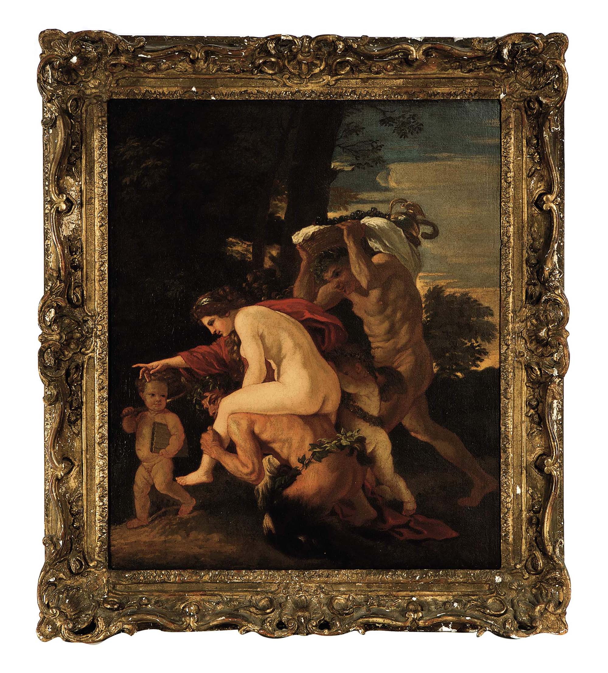 Nicolas Poussin — Сатир, несущий на спине нимфу, с Путти и фавном на фоне аркадского пейзажа