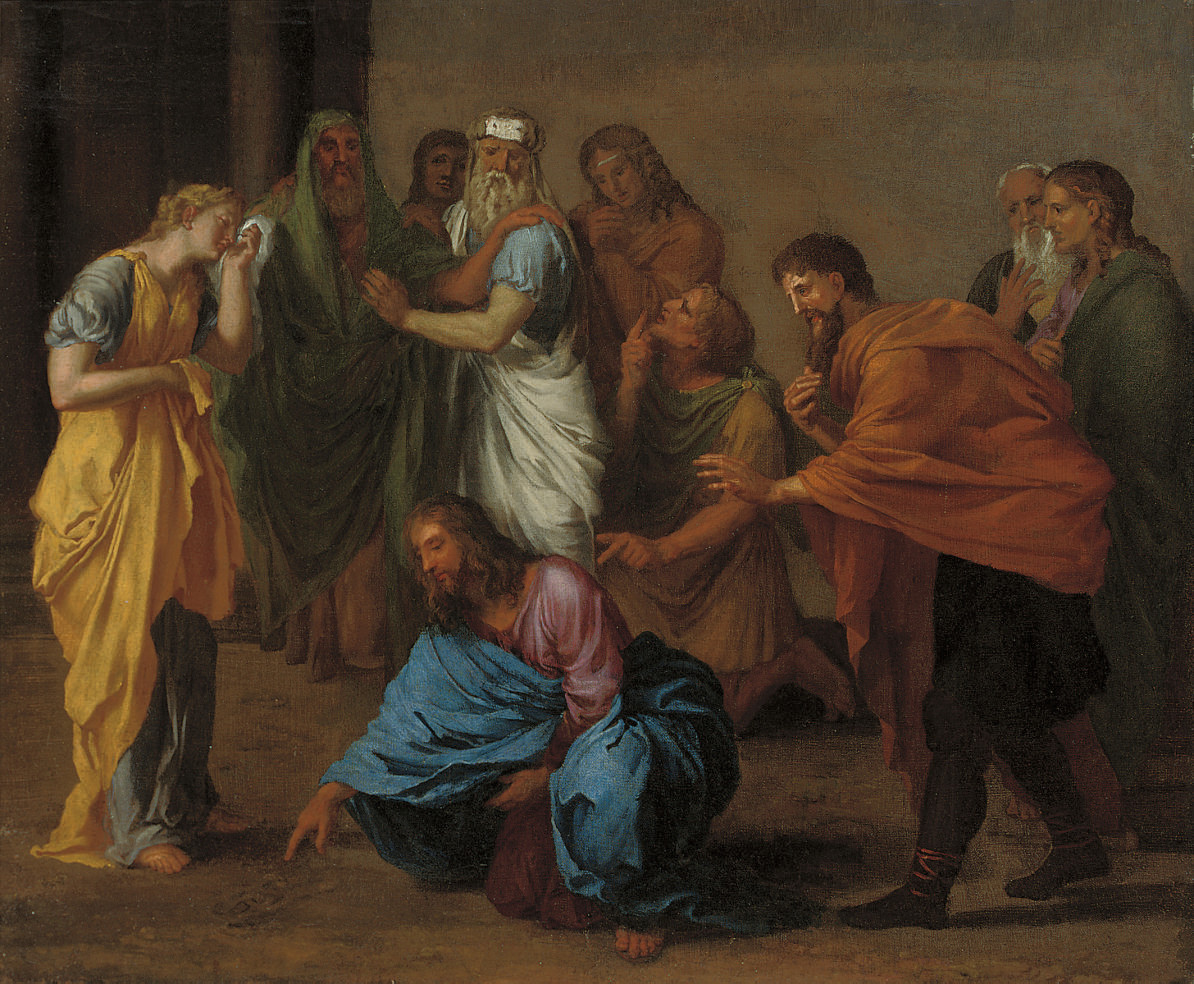 Nicolas Poussin — Христос и прелюбодейка, а фарисеи смотрели на них