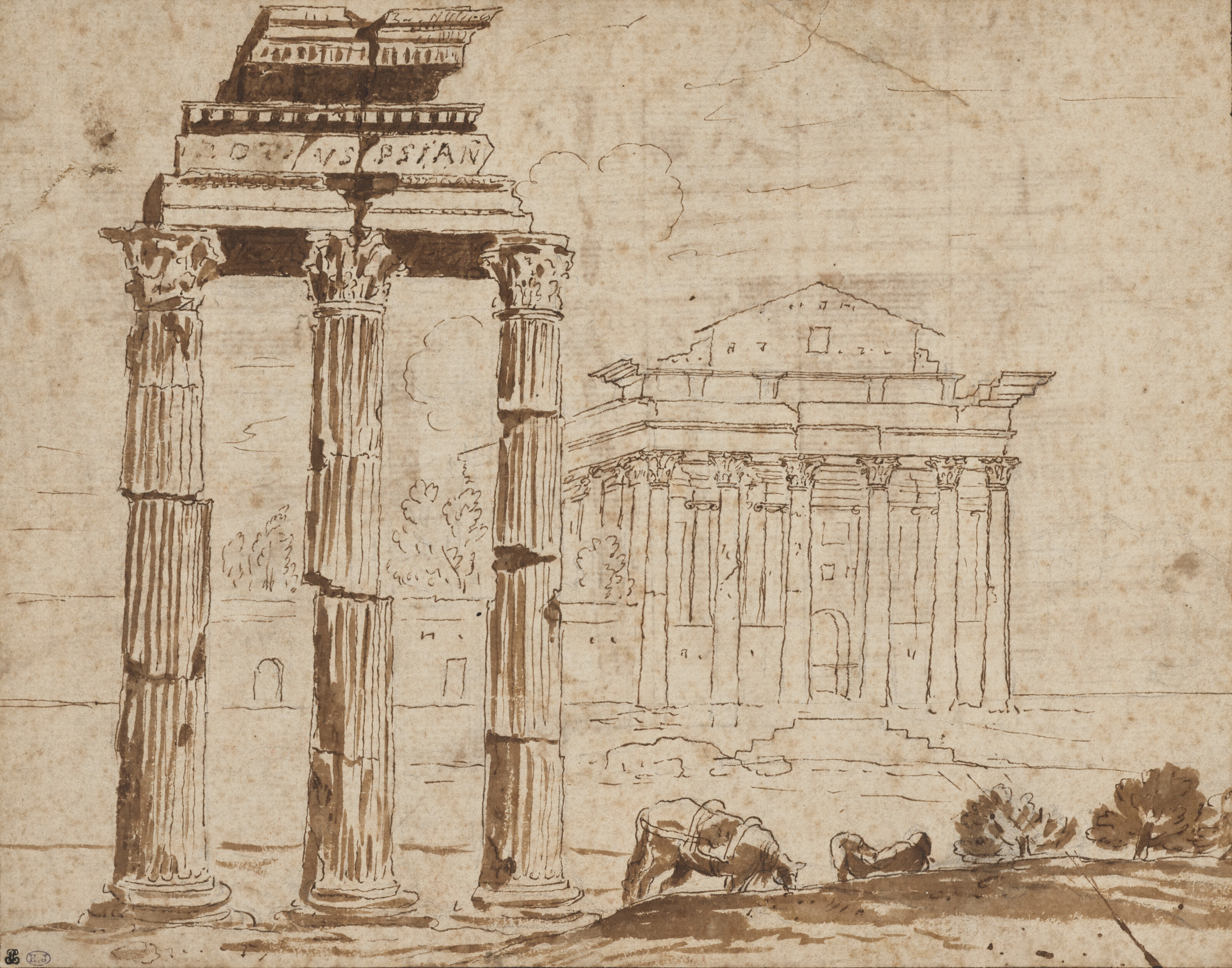 Nicolas Poussin — Мулат для захоронений на Кампо-Вакцино (справа); Этюд под углом к корниш-де-Темпл, античный анфас, внешний и внутренний мир (сзади)