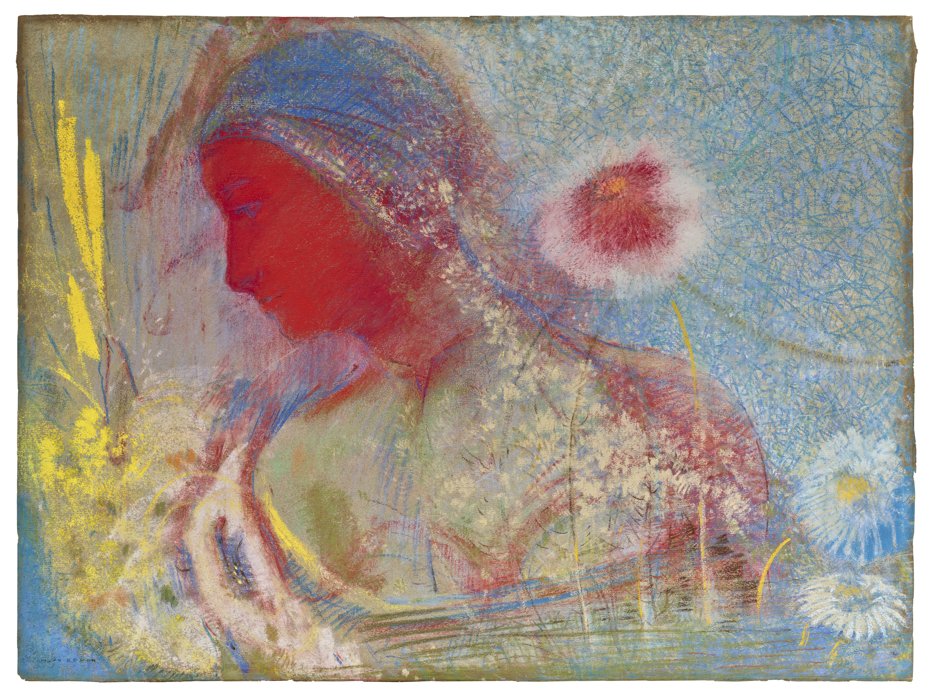 Odilon Redon — Тет-де-Фам Руж, entourée d'одной прорастания де Флер, изображение 2