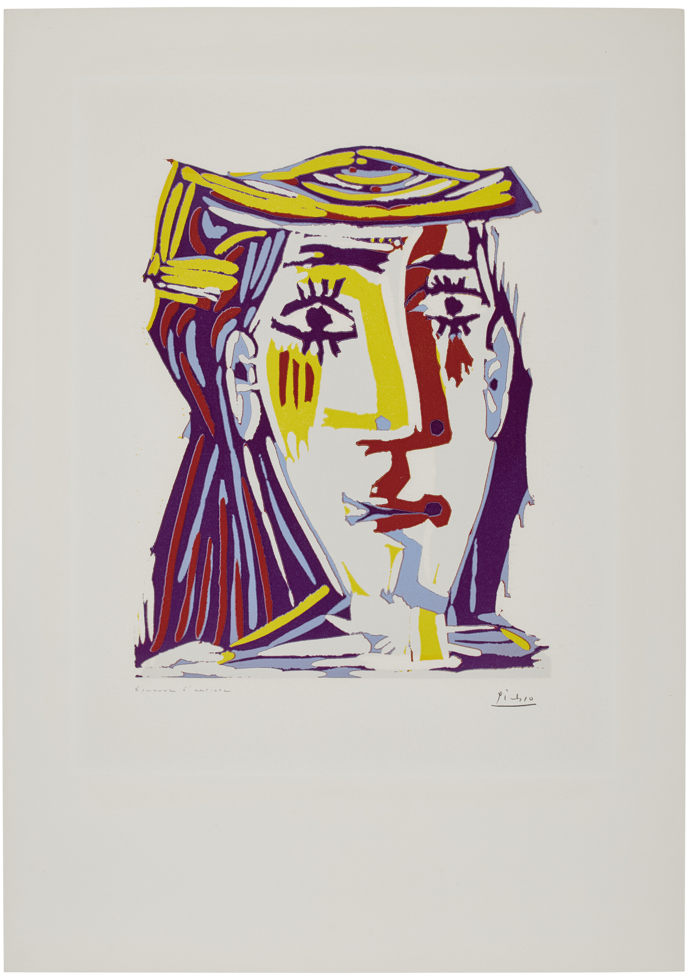 Pablo Picasso — Многоцветный портрет Жаклин в головной убор из ткани, изображение 3