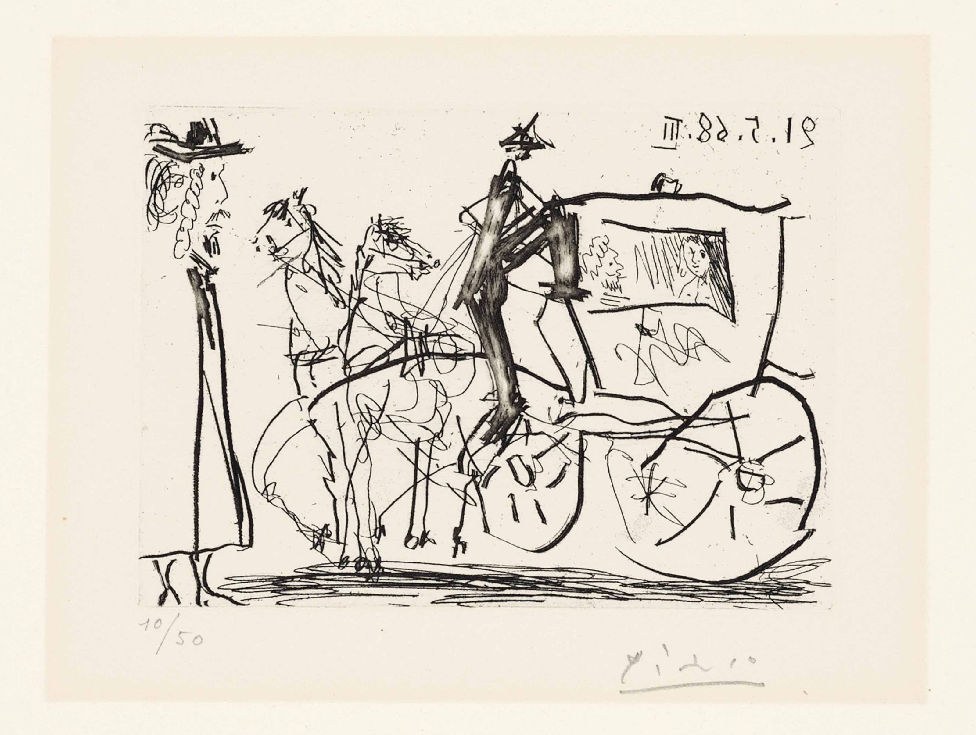 Pablo Picasso — Мужчина, наблюдающий за парой в конном экипаже, серия 347 (Блох, 1583; Бэр, 1599)