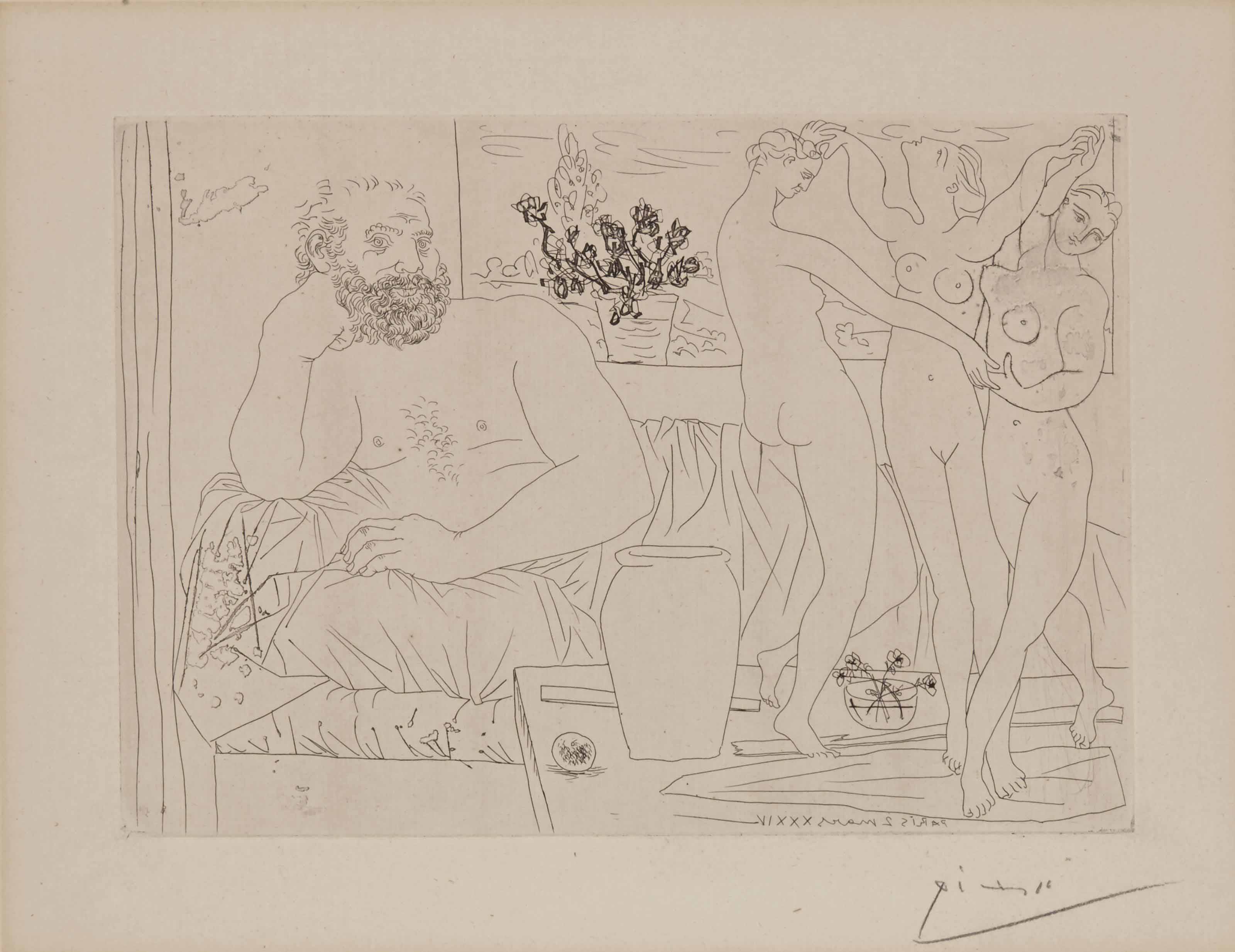 Pablo Picasso — Скульптор и трое танцовщиц, скульптурная композиция "Планше" из сюиты Воллара (Блох 217; Медведь 421 г. до н.э.), изображение 2