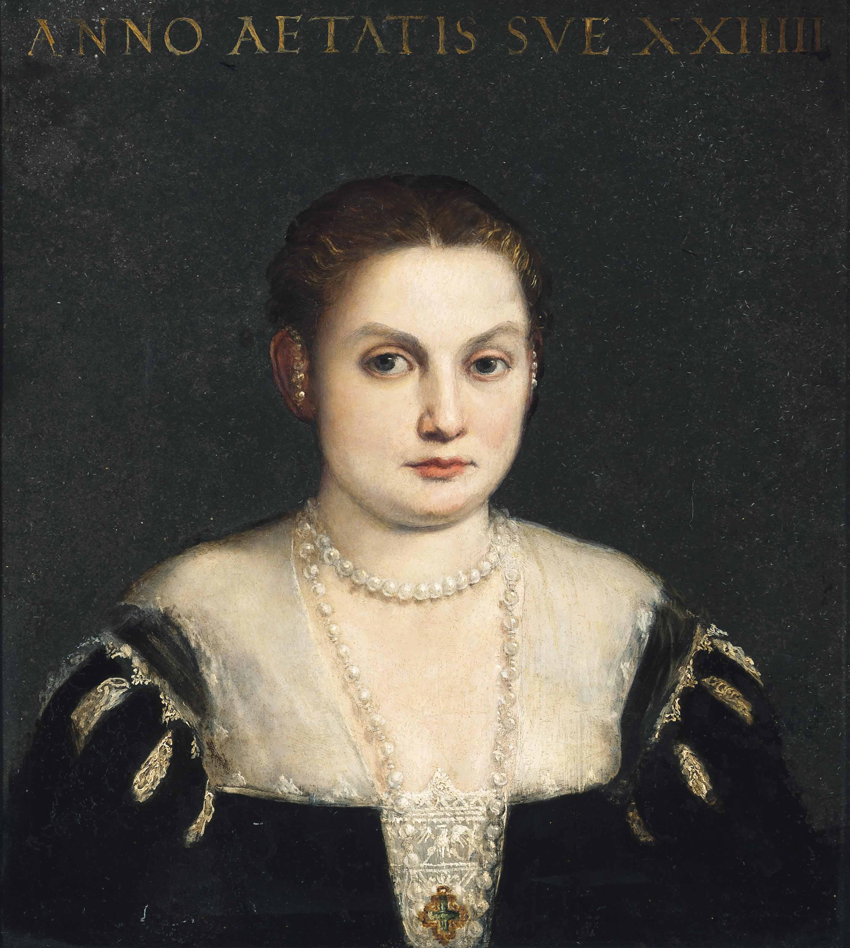 Paolo Veronese — Портрет дамы, доходящей ей до груди, в черном платье с разрезом и жемчужными ожерельями