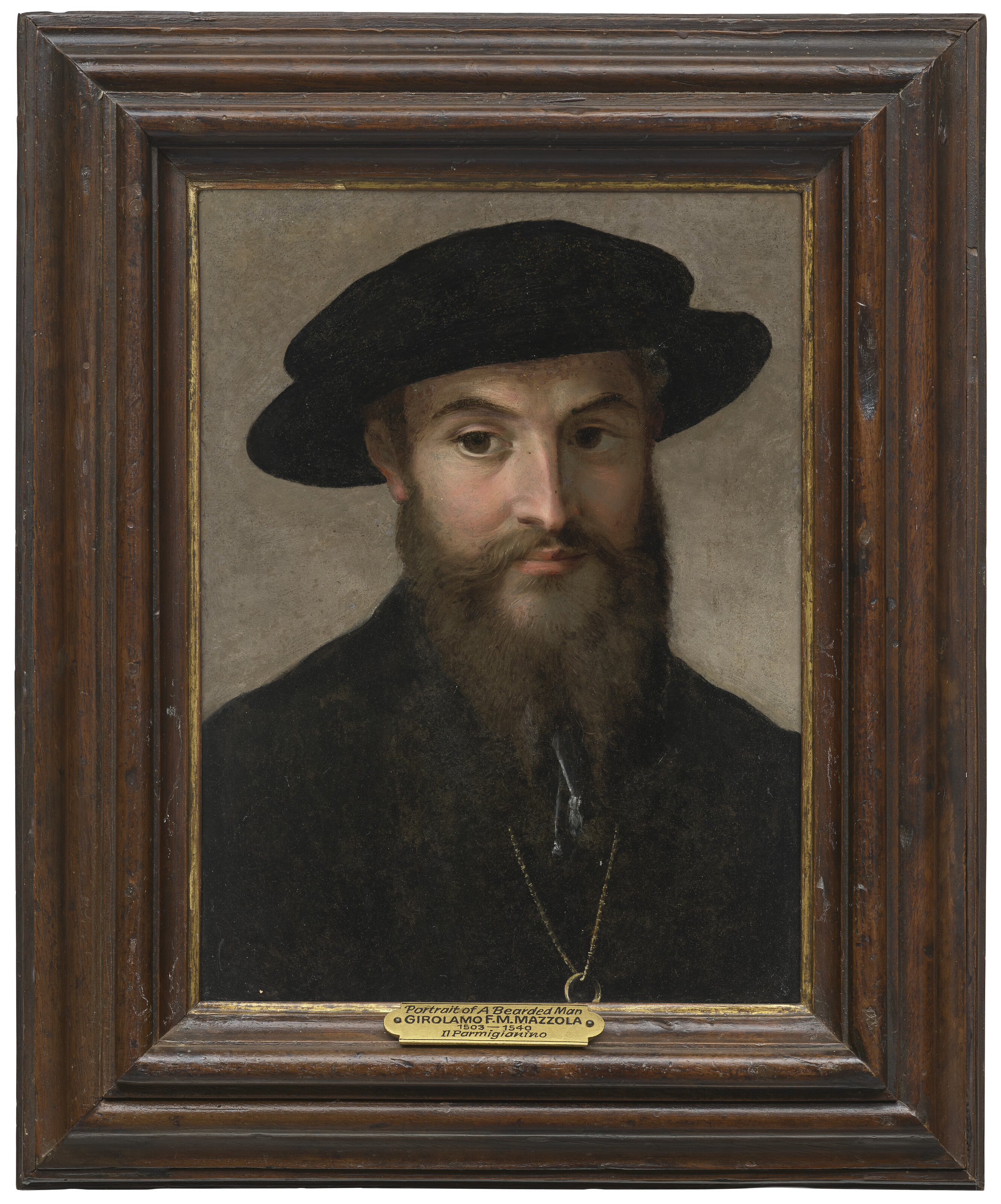 Parmigianino — Портрет бородатого мужчины, во весь рост, в черной шляпе, на золотой цепочке с кольцом, изображение 2