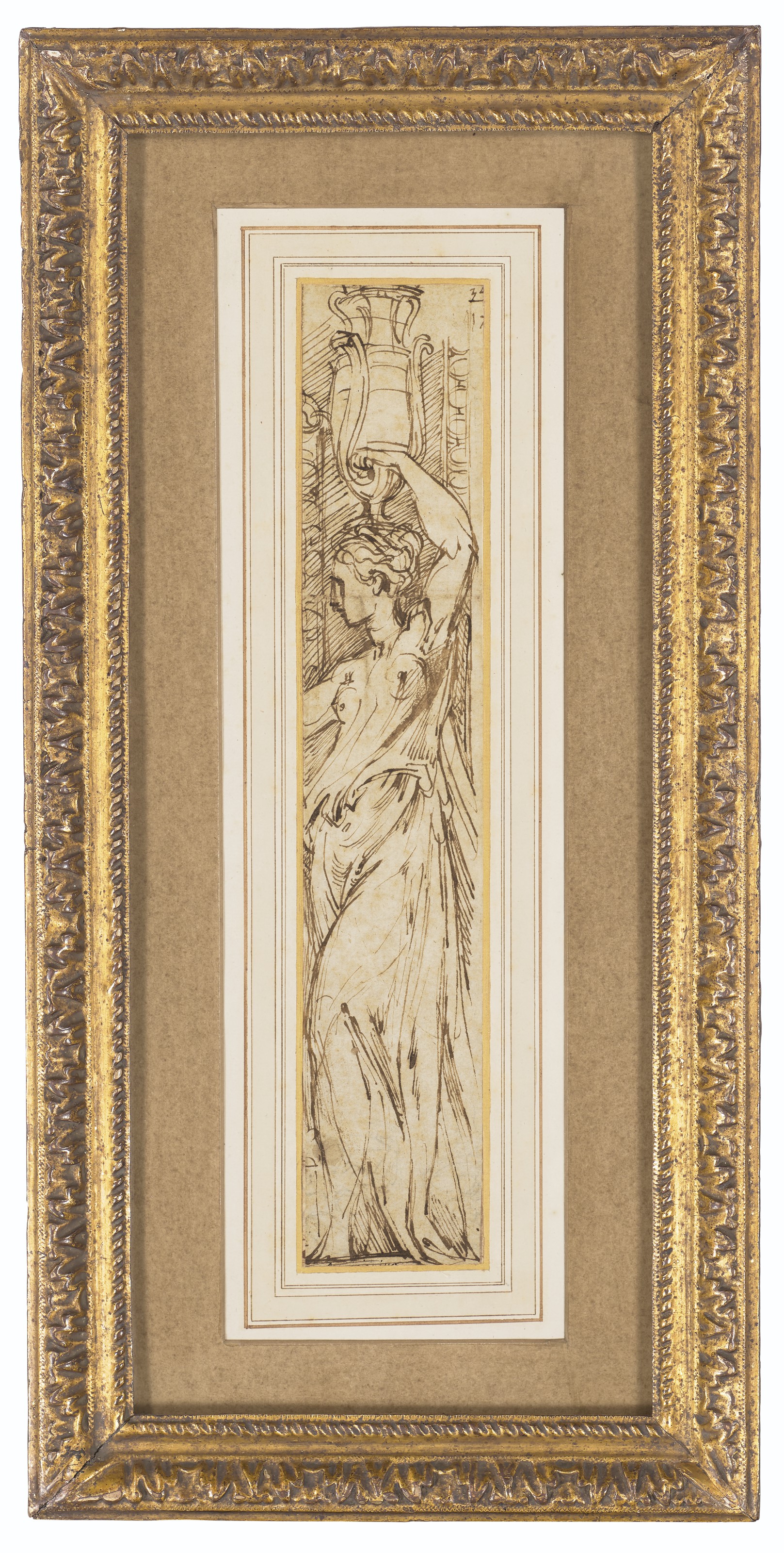 Parmigianino — Женщина, несущая вазу, в профиль слева (справа налево); Этюд коленопреклоненной кариатиды (оборотная сторона, слабо видна через правую сторону), изображение 2