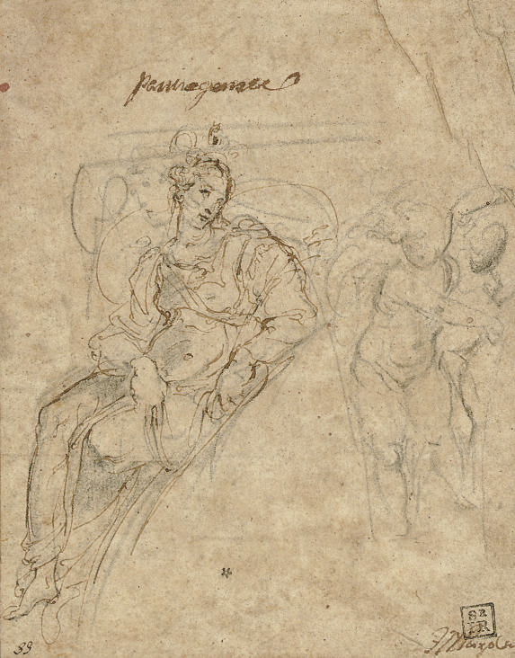 Parmigianino — Этюд для спандреля с изображением женской фигуры и дополнительный этюд с изображением двух ангелов