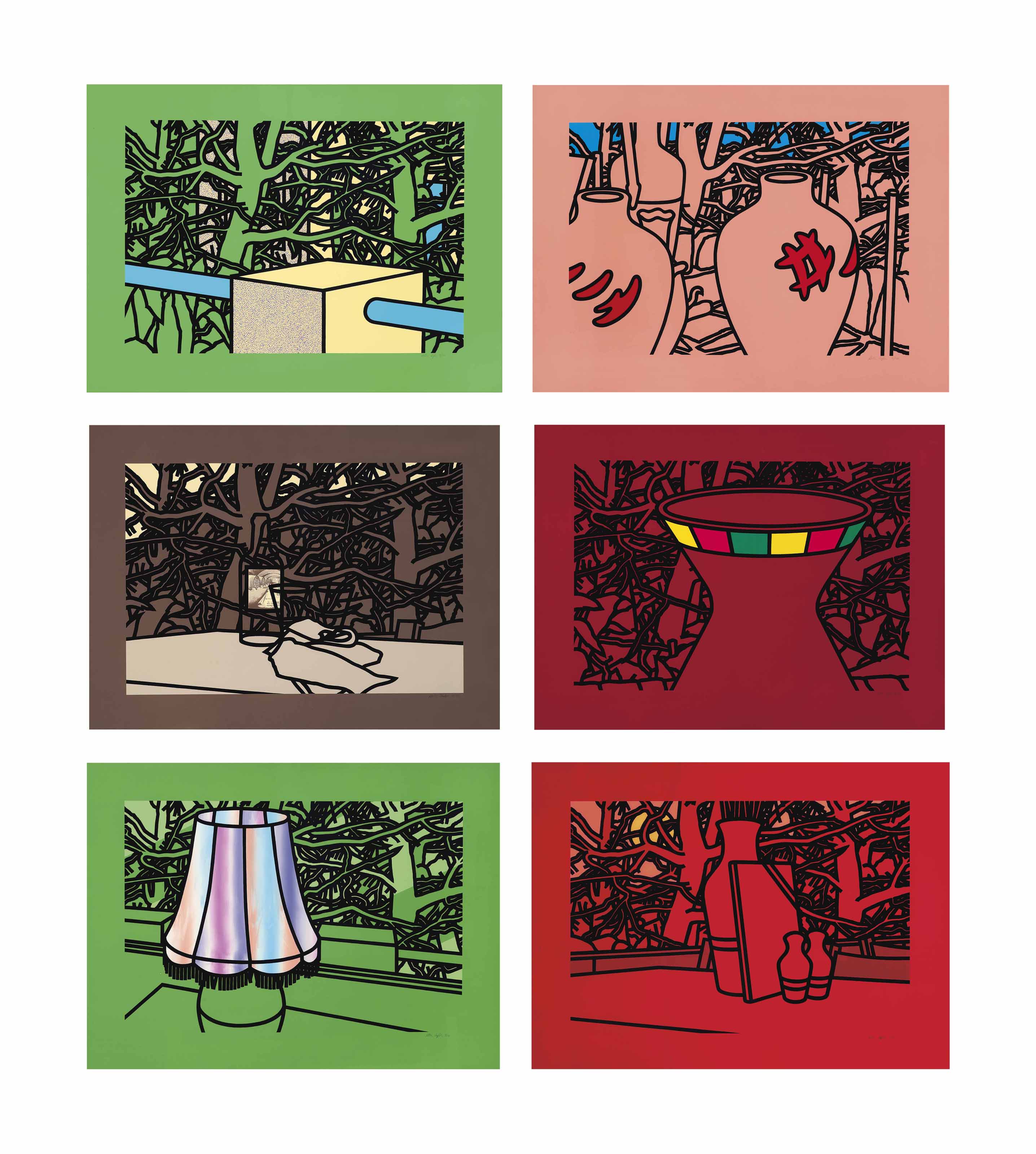 Patrick Caulfield — Сад с соснами, Фирменные горшки, Бутылка розового вина, Терракотовая ваза, Лампа и сосны, Вечернее меню (Cristea 41-46)