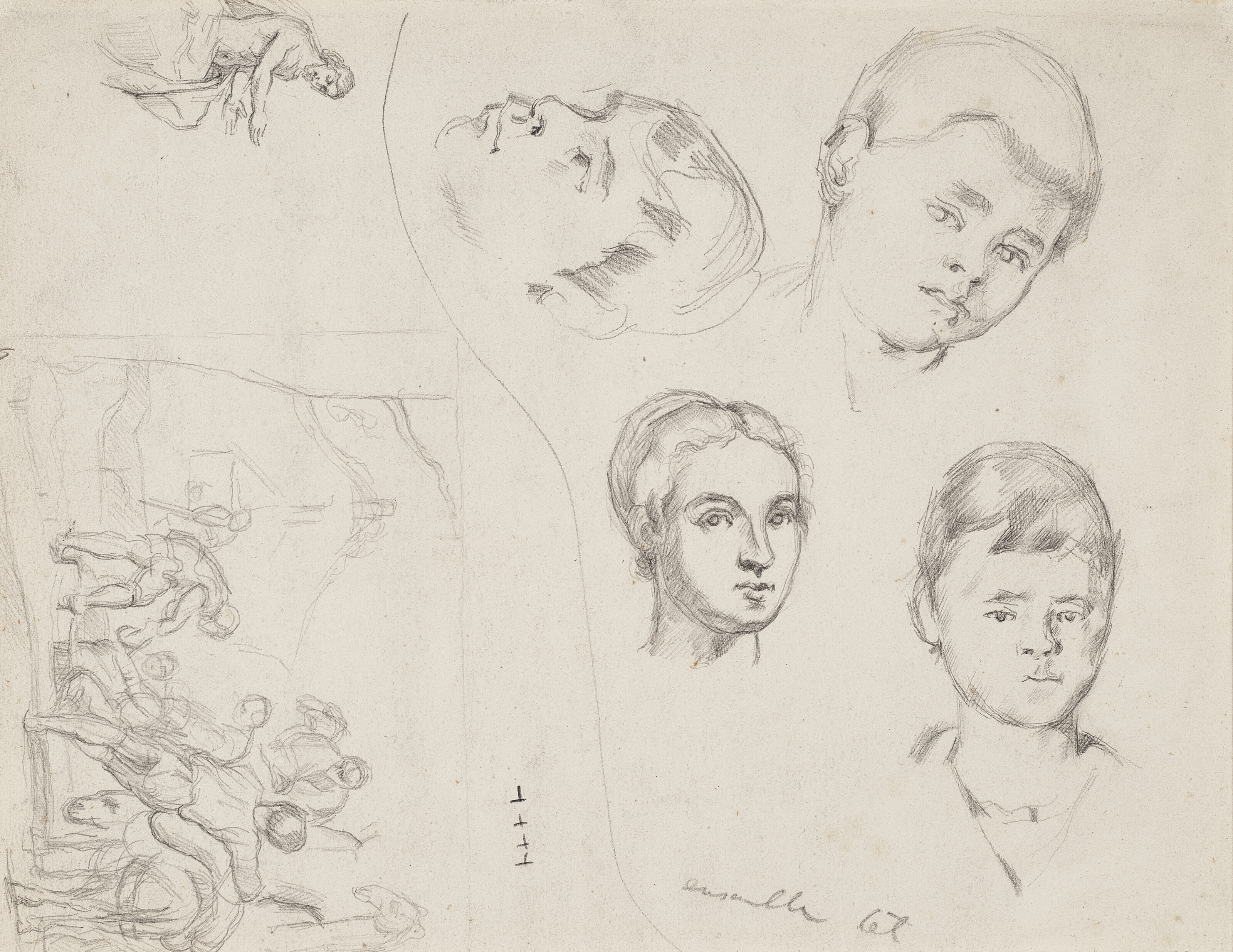 Paul Cézanne — Этюд-фельетон (лицевая сторона) ; Три портрета Поля и этюды Апре Педро де Майи и Тинторета (оборотная сторона), изображение 2