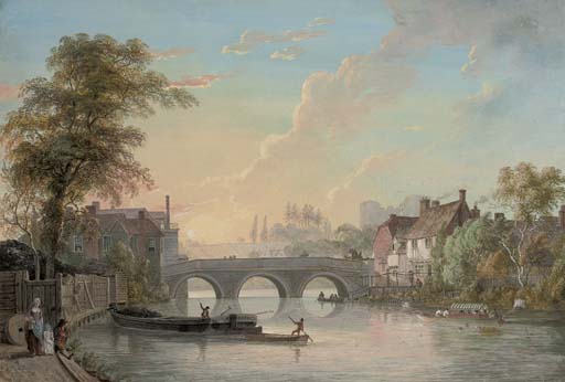 Paul Sandby — Вид на Тонбридж с мостом и домами, угольными и прогулочными лодками на переднем плане и замковой крепостью за ним