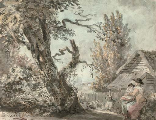 Paul Sandby — Мать и ребенок сидят в саду