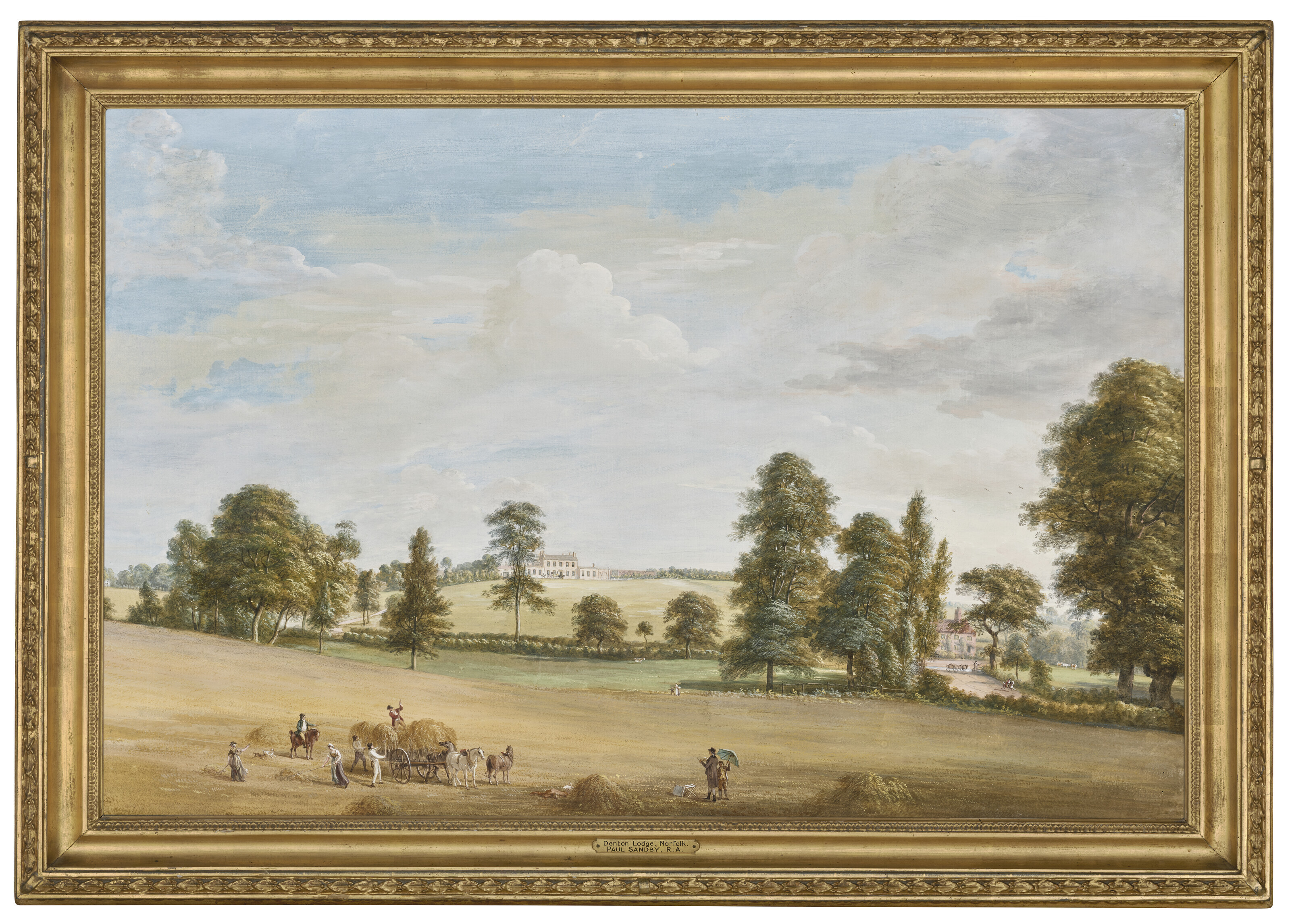 Paul Sandby — Вид на Дентон-Лодж, Норфолк, резиденцию доктора Сэндби, с сенокосилками и фургоном на переднем плане и художником (Полом Сэндби?), делающим наброски, дом с каретой, припаркованной снаружи на возвышенности за ним., изображение 2