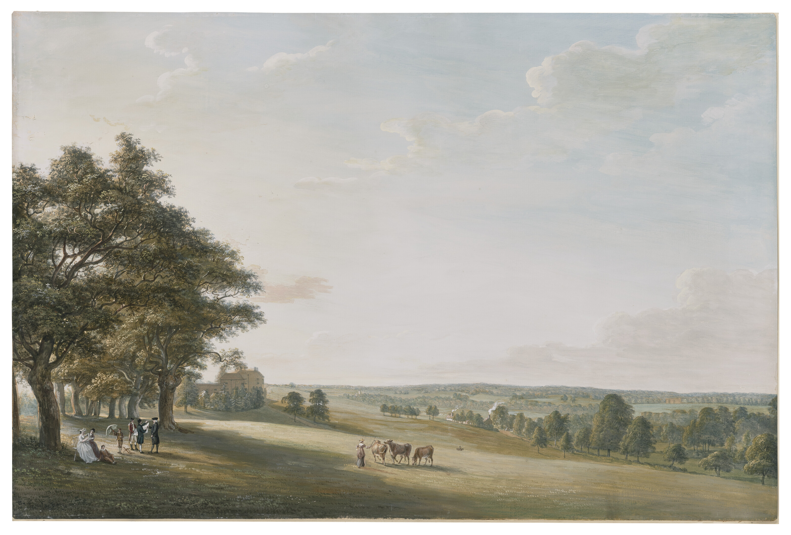Paul Sandby — Вид на Дентон-Лодж, Норфолк, резиденцию доктора Сэндби, слева под деревьями члены семьи изучают карту поместья, в центре - доярка со скотом.