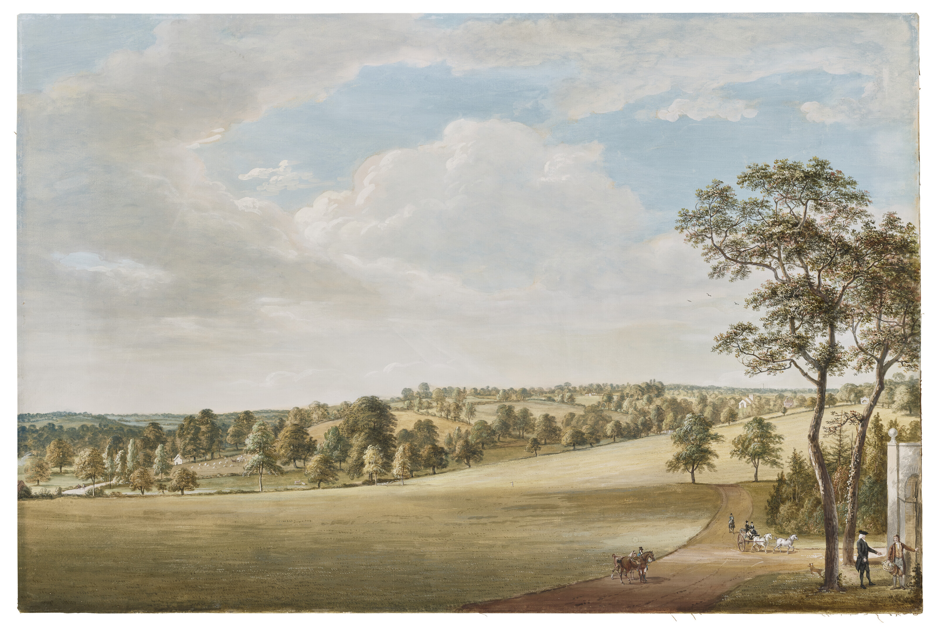 Paul Sandby — Вид на парк в Дентон Лодж, Норфолк, резиденцию доктора Сэндби, доктор Сэндби разговаривает с садовником, всадники и карета справа