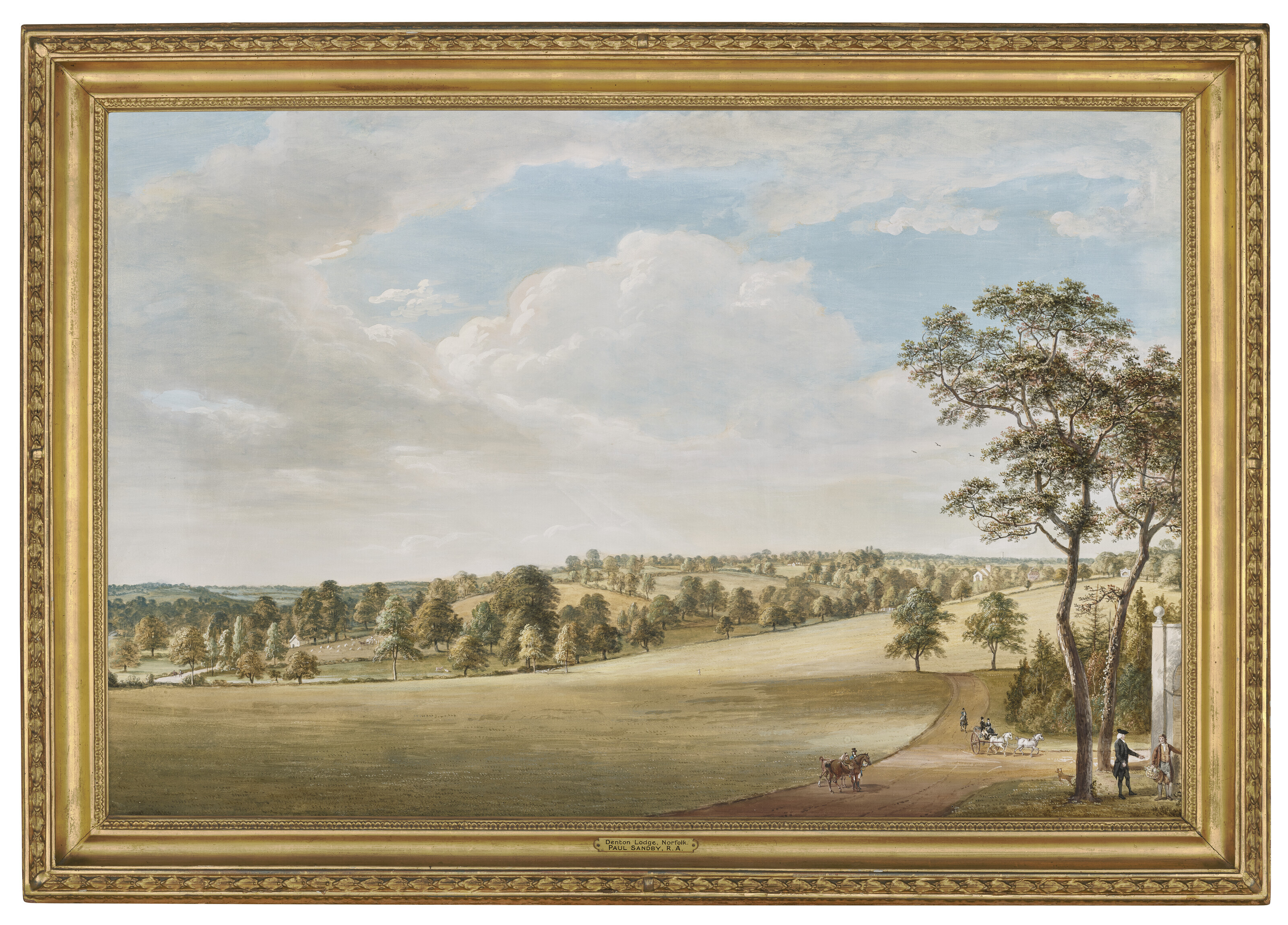 Paul Sandby — Вид на парк в Дентон Лодж, Норфолк, резиденцию доктора Сэндби, доктор Сэндби разговаривает с садовником, всадники и карета справа, изображение 2