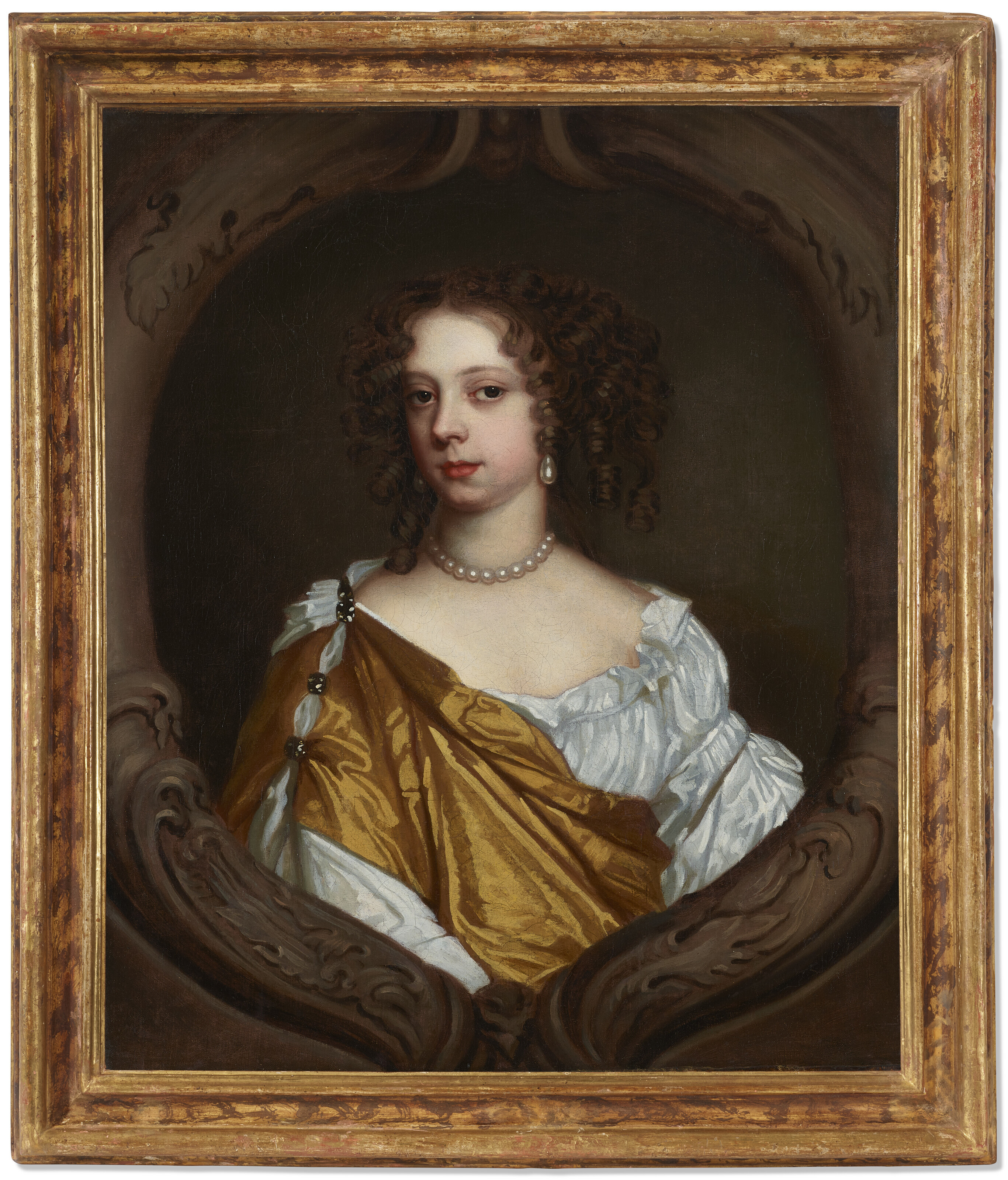Peter Lely — Портрет девушки в полный рост в рамке tromp l'oeil, изображение 2
