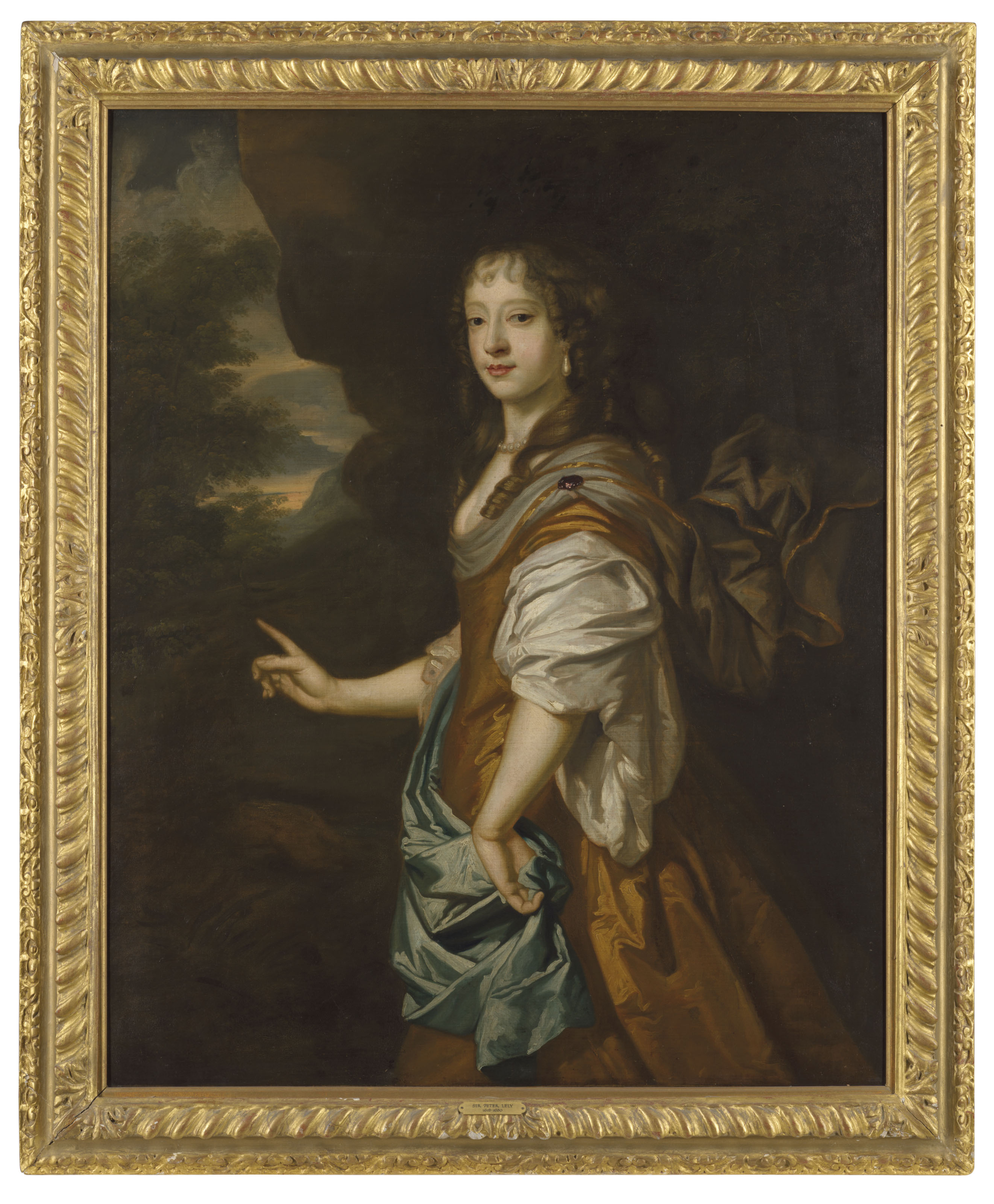 Peter Lely — Портрет дамы в три четверти роста, в золотистом платье и голубой накидке, пейзаж за окном, изображение 2