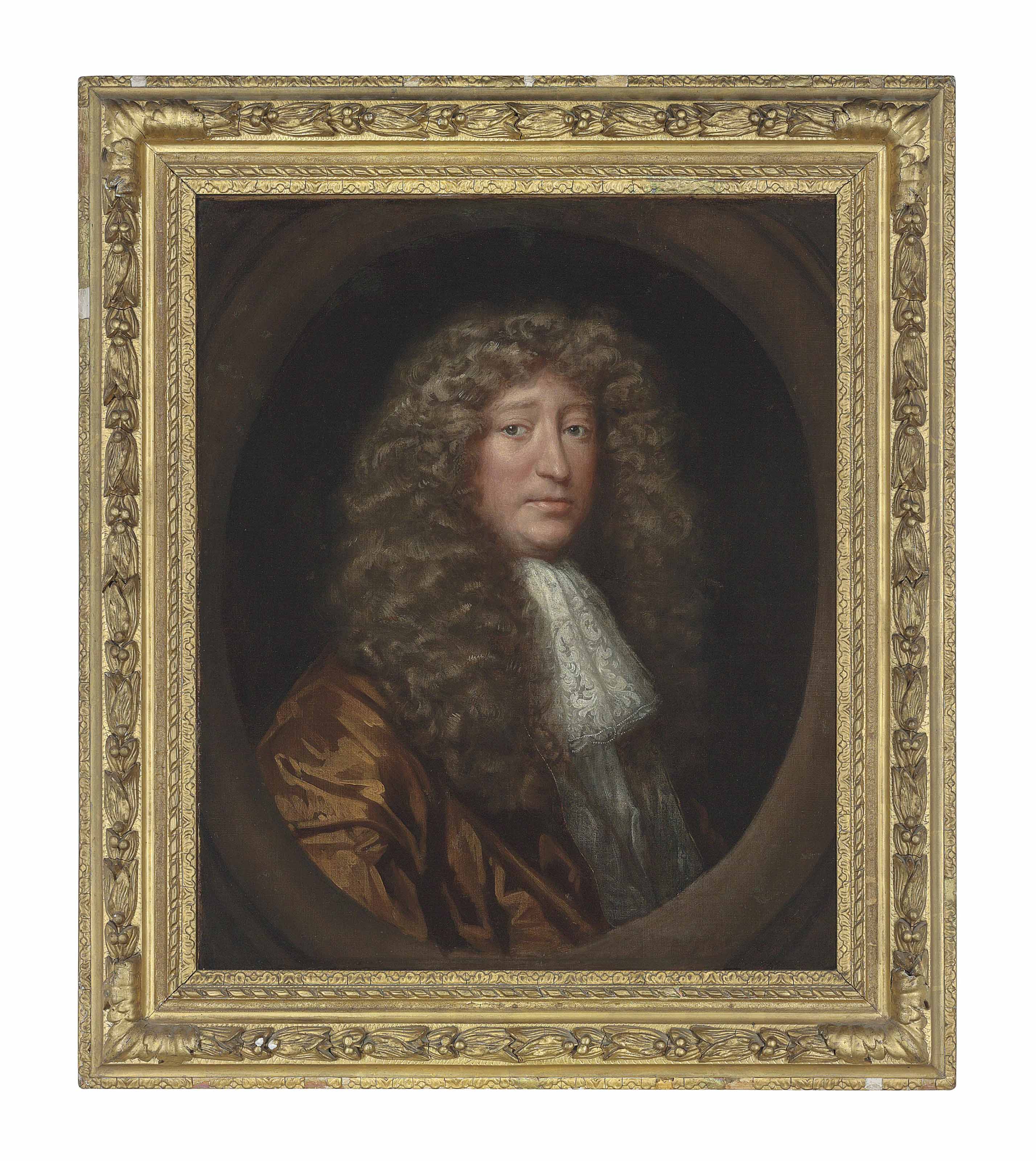 Peter Lely — Портрет полковника Сэмюэля Мора (? 1594-1662), члена парламента от графства Шропшир, во весь рост, в коричневом плаще и кружевном жабо, в ложном овальном обрамлении.