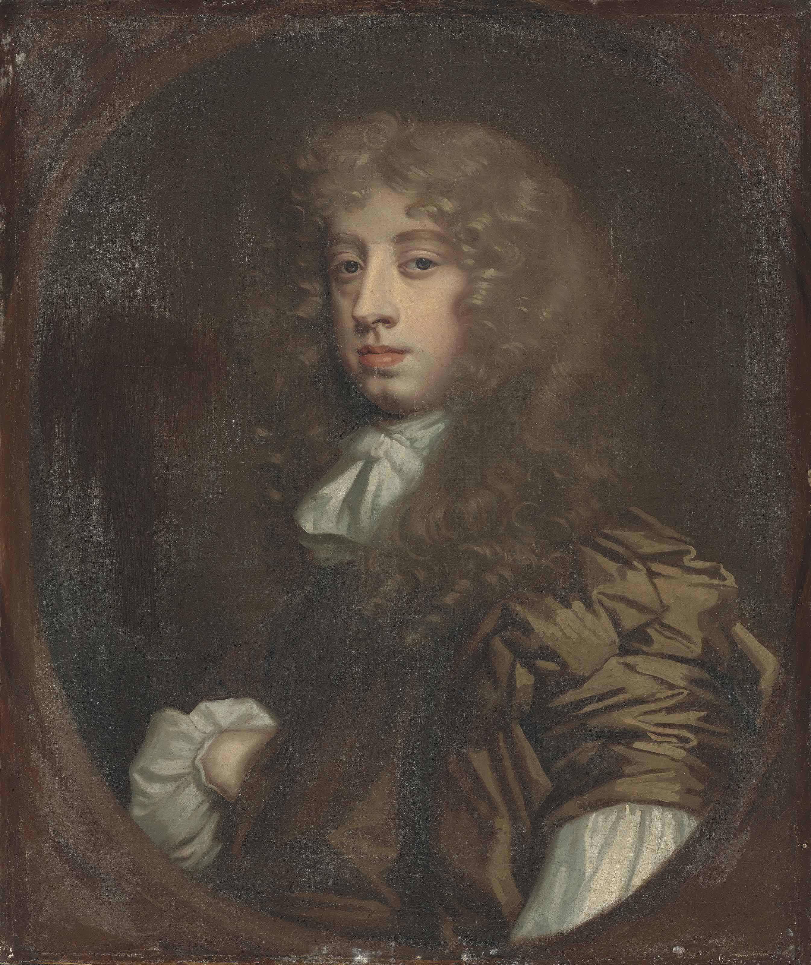 Peter Lely — Портрет Эдварда, лорда Латимера (1665-1688), в полный рост, в коричневом сюртуке с белым воротником и рукавами, в притворном овальном