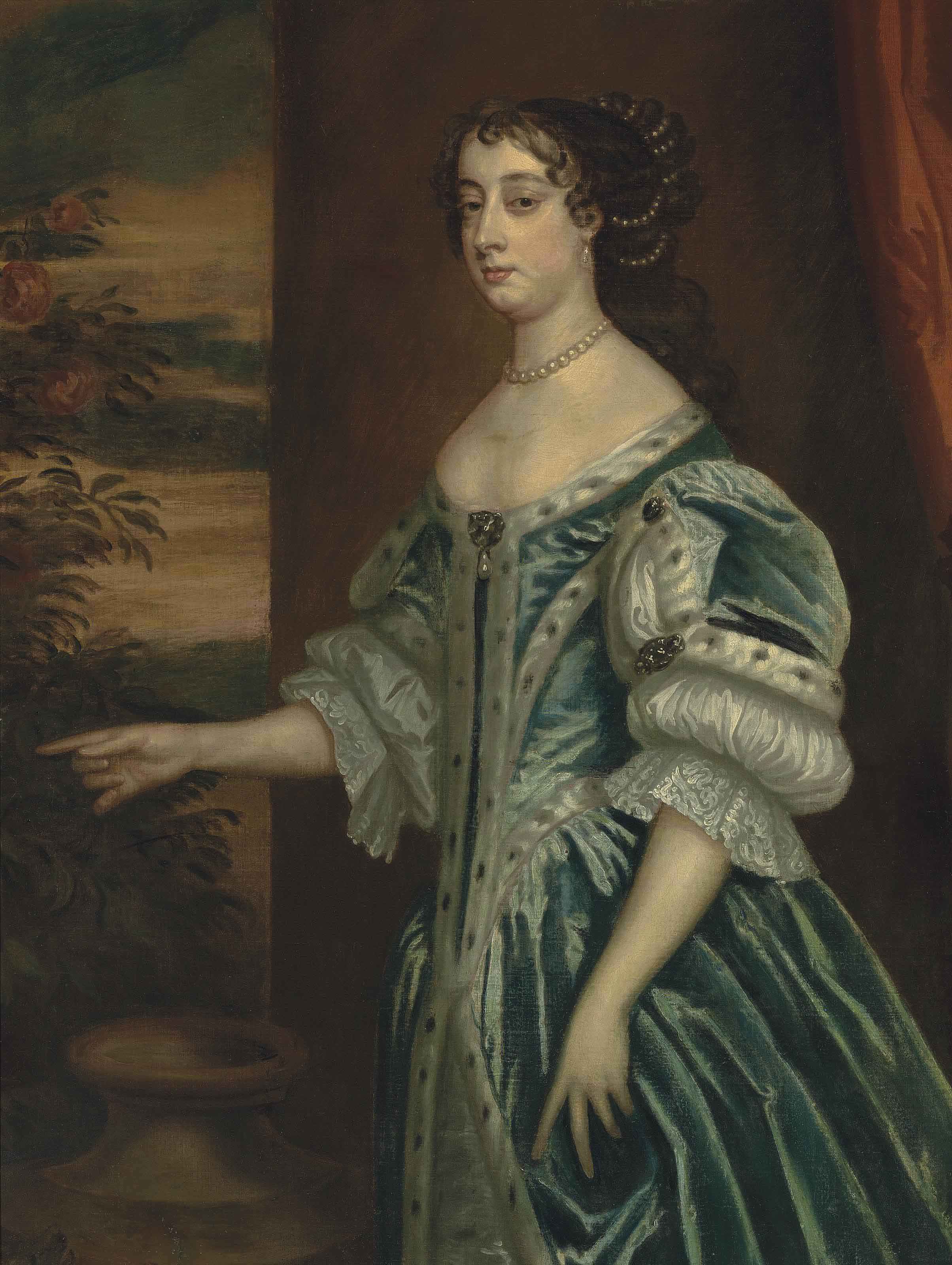 Peter Lely — Портрет Барбары Вильерс, графини Каслмейн, 1-й герцогини Кливлендской (1640-1709), в три четверти роста, в голубом платье и жемчужном ожерелье, на фоне задрапированного занавеса