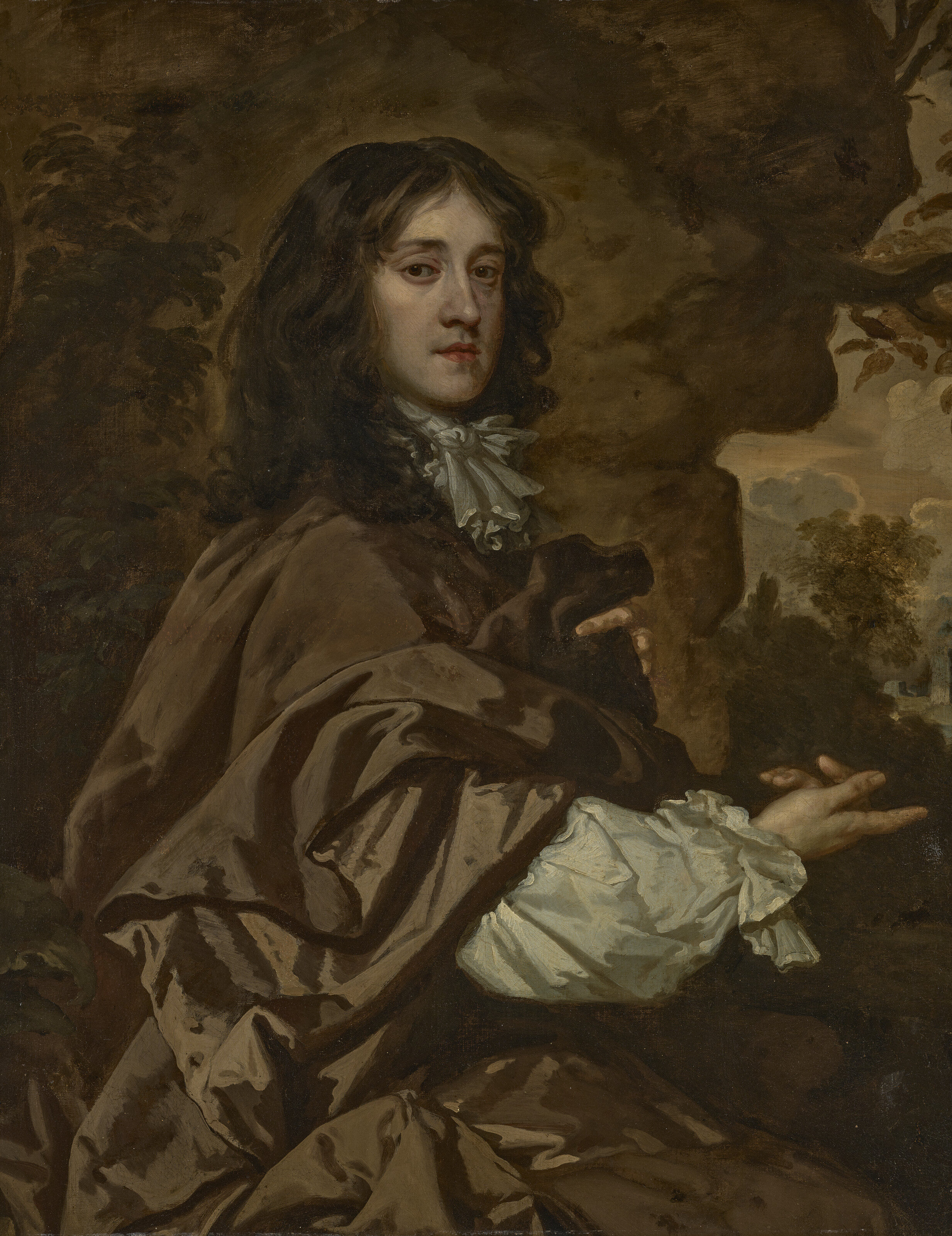 Peter Lely — Портрет сэра Роберта Уорсли (1643-1675), 3-го баронета, в три четверти роста, сидящего в коричневом плаще, на фоне пейзажа