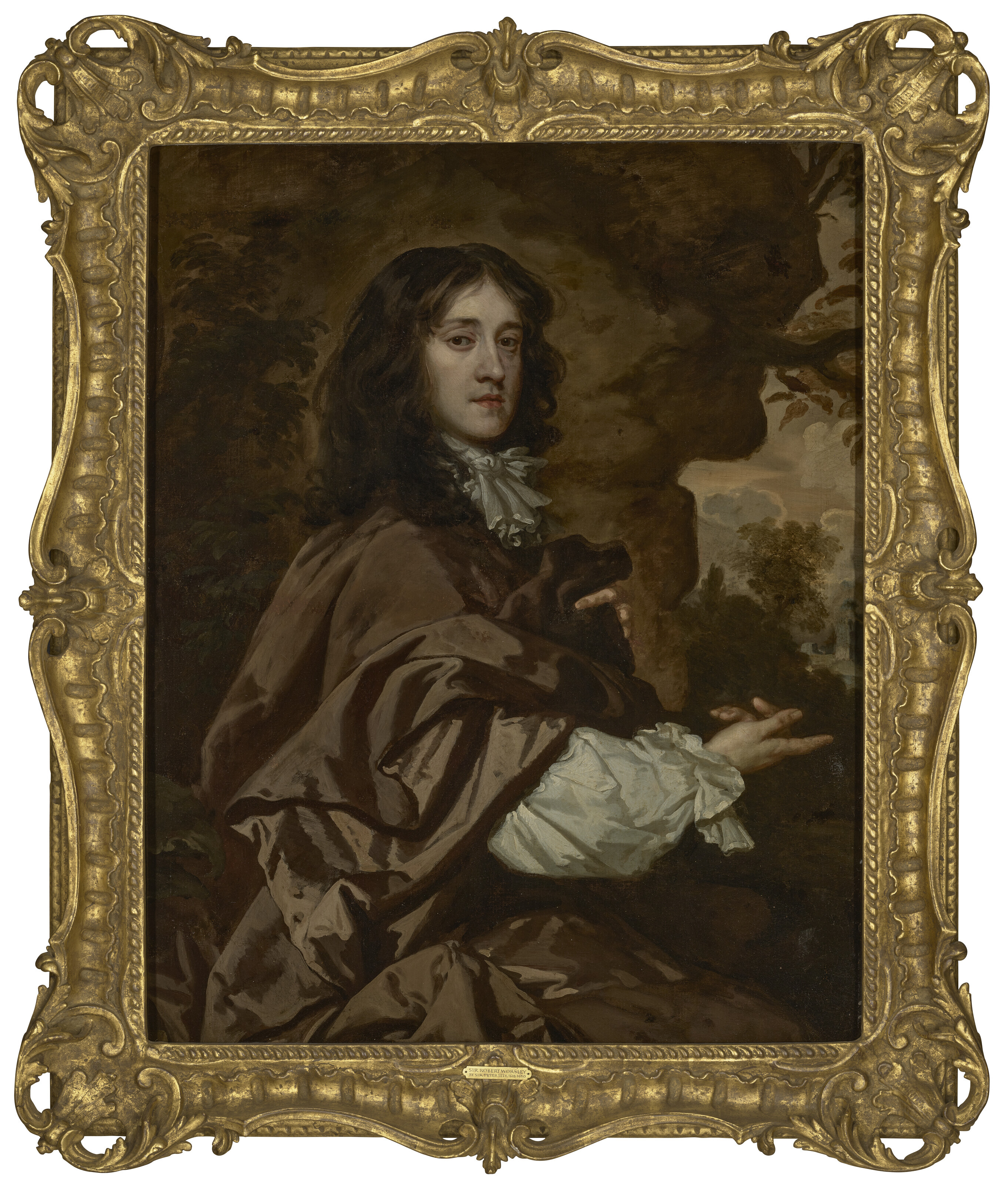 Peter Lely — Портрет сэра Роберта Уорсли (1643-1675), 3-го баронета, в три четверти роста, сидящего в коричневом плаще, на фоне пейзажа, изображение 2