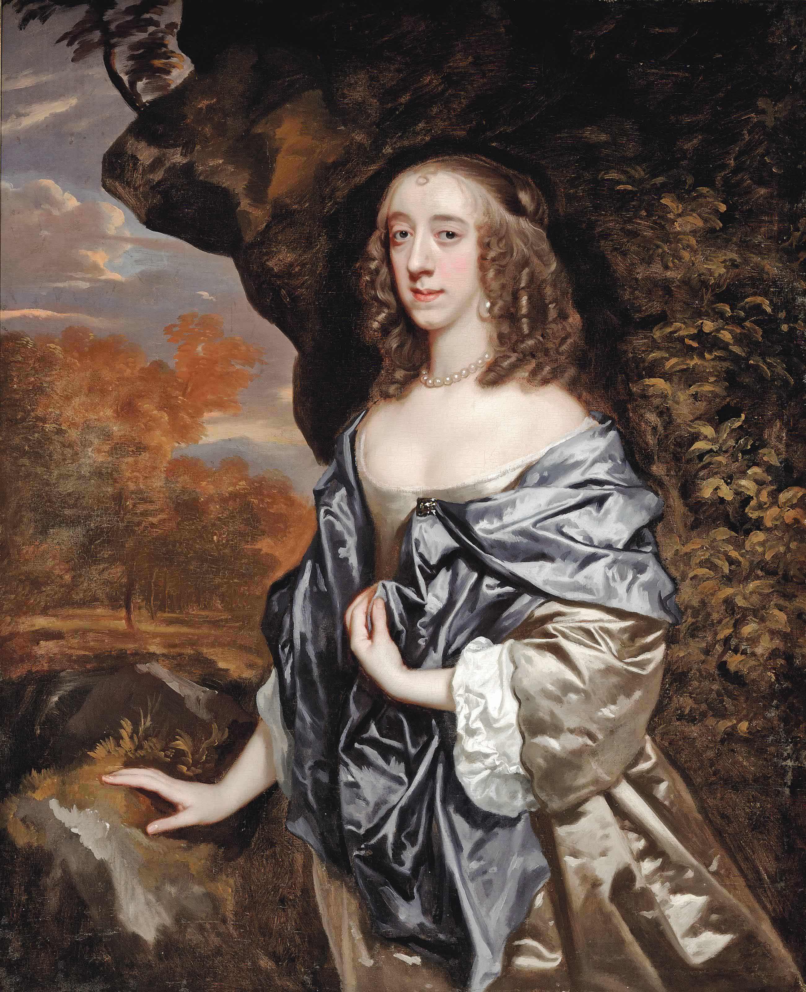 Peter Lely — Портрет дамы в три четверти роста, в атласном платье и синей накидке, на фоне лесистого пейзажа