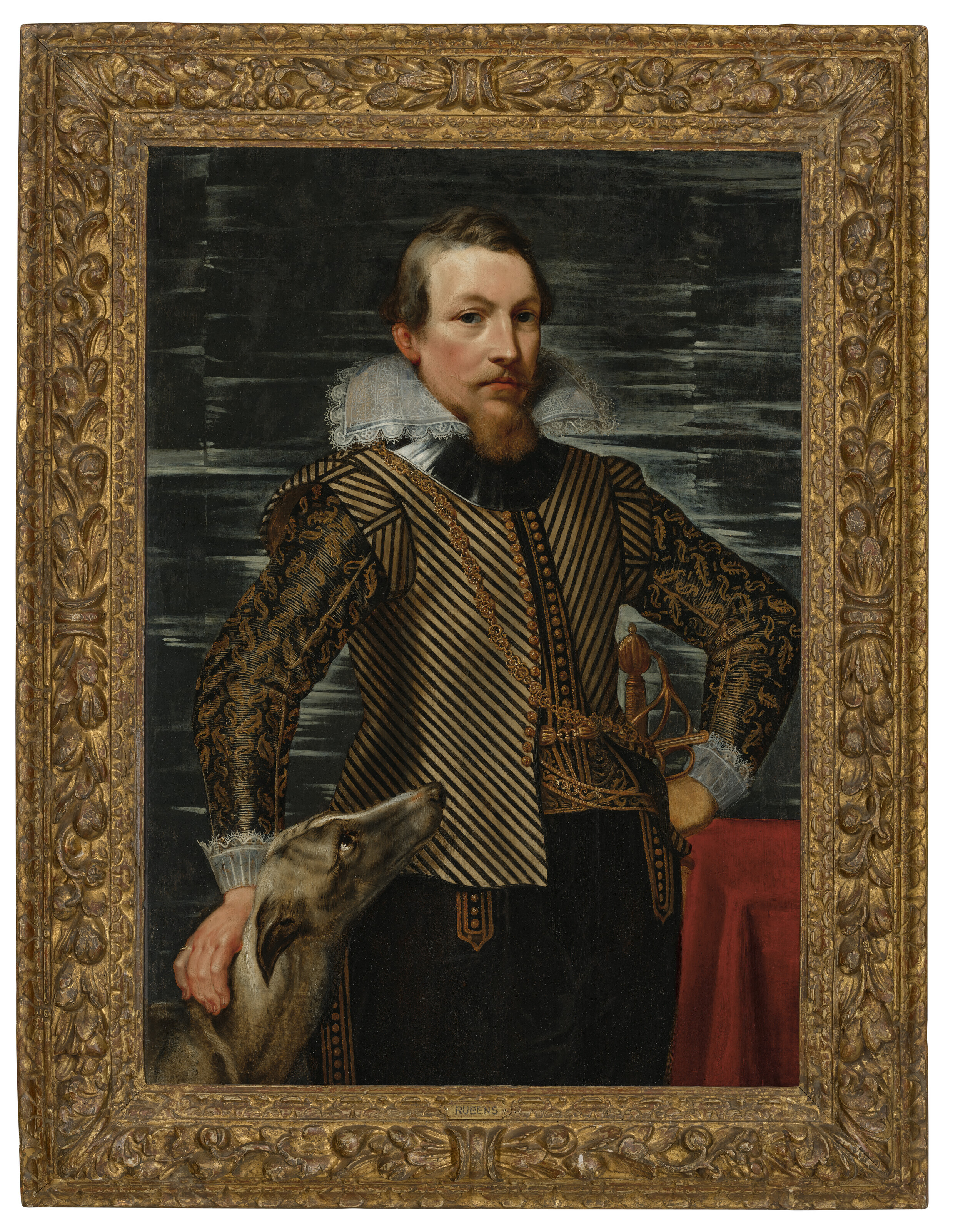 Peter Paul Rubens — Портрет джентльмена в три четверти роста, в полосатом пиджаке, стоящего у стола с борзой, изображение 2