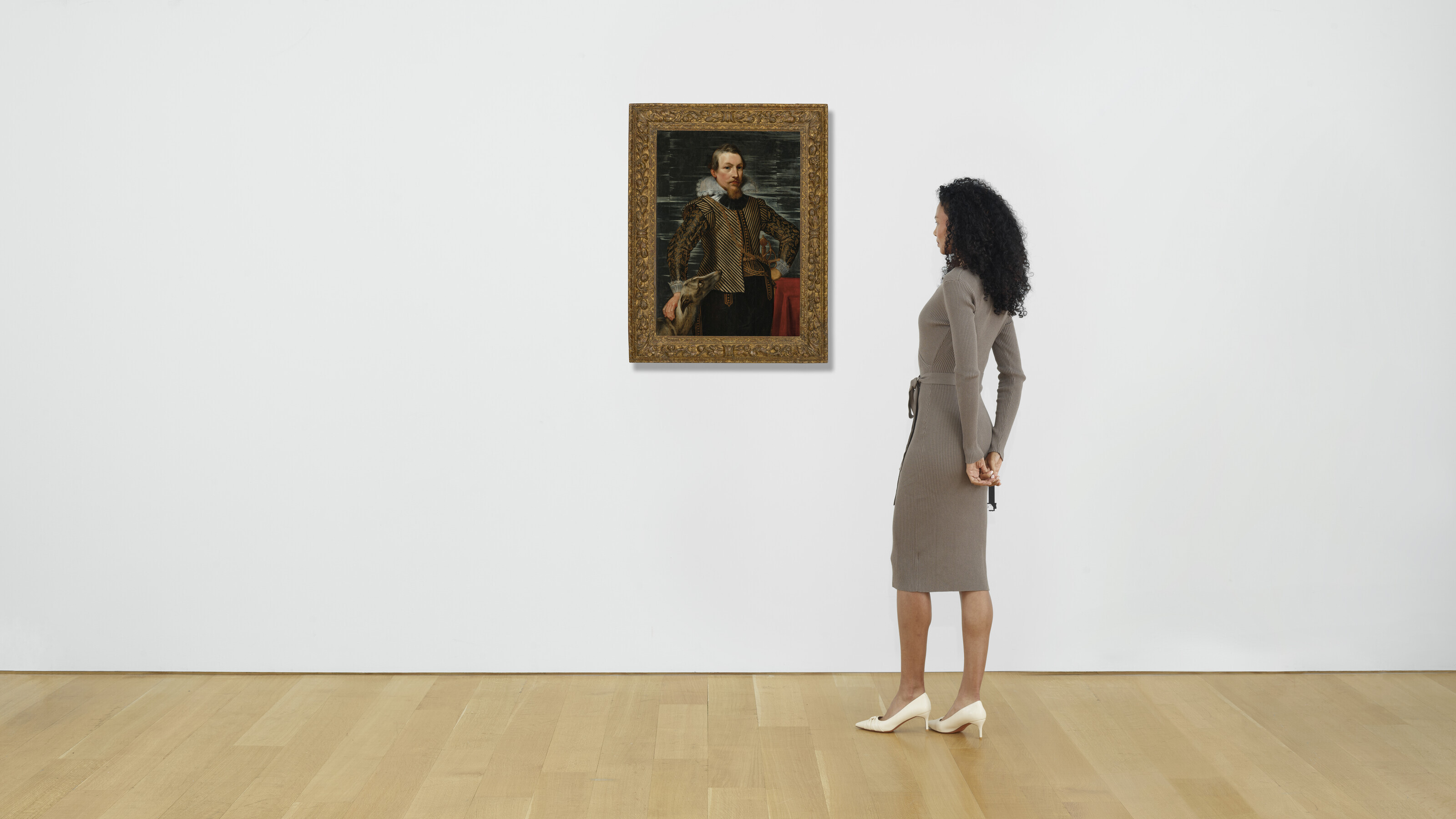 Peter Paul Rubens — Портрет джентльмена в три четверти роста, в полосатом пиджаке, стоящего у стола с борзой, изображение 4