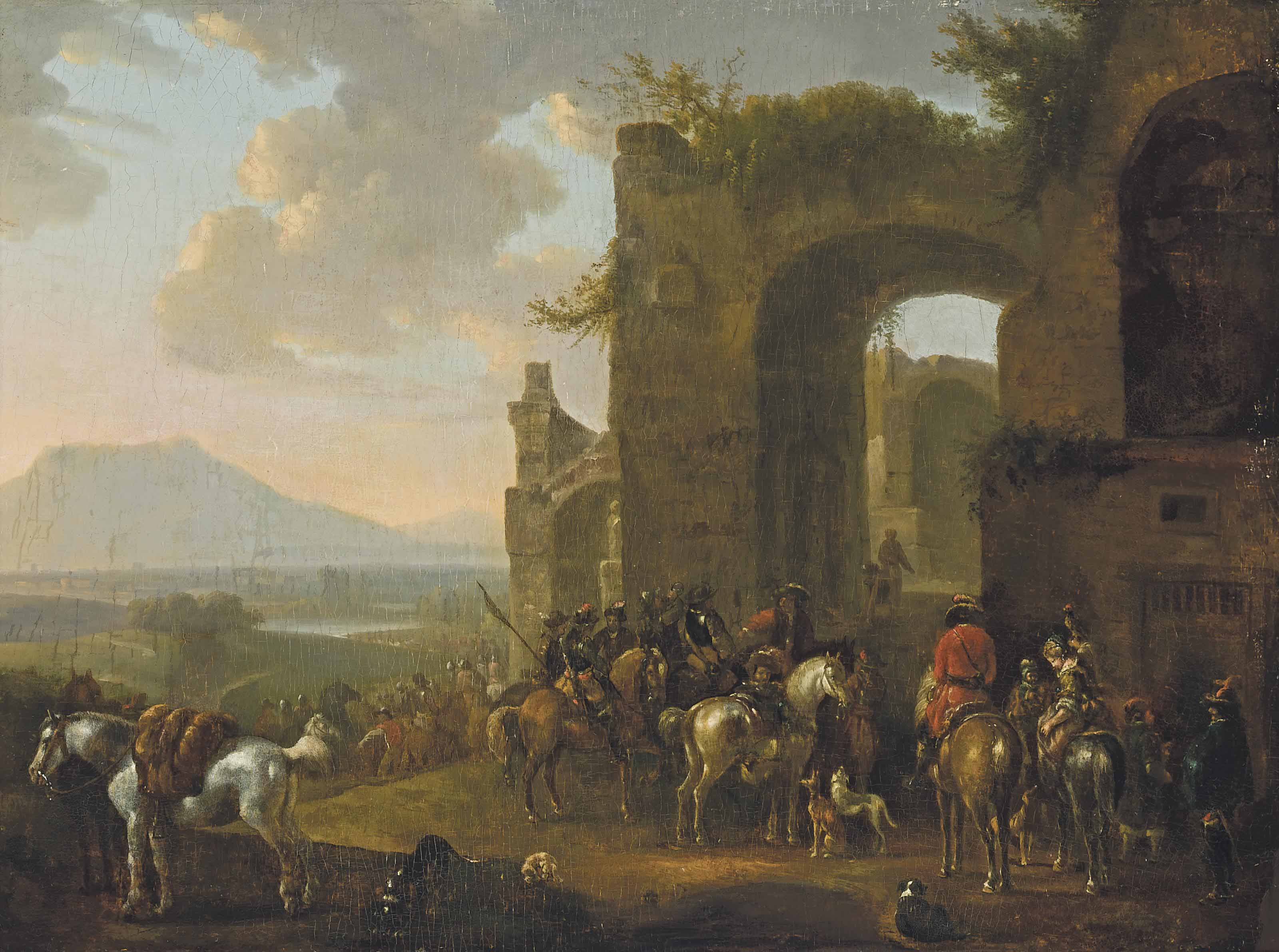 Philips Wouwerman — Всадники на привале перед развалинами, обширный ландшафт за ними