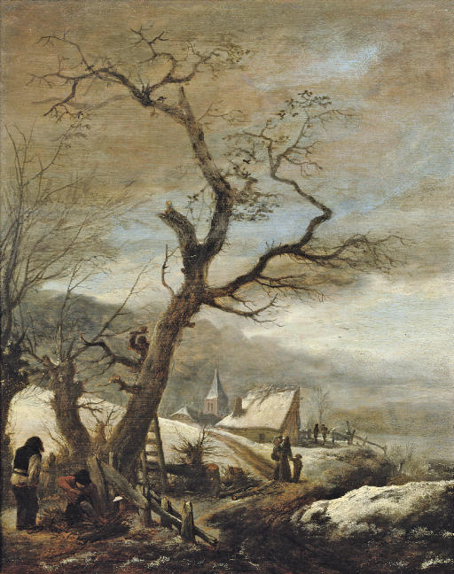 Philips Wouwerman — Зимний пейзаж с лесорубами и путешественниками на тропинке, деревней за