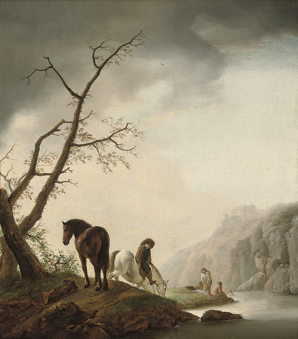 Philips Wouwerman — Речной пейзаж с отдыхающим путешественником и его лошадьми, купальщиками за