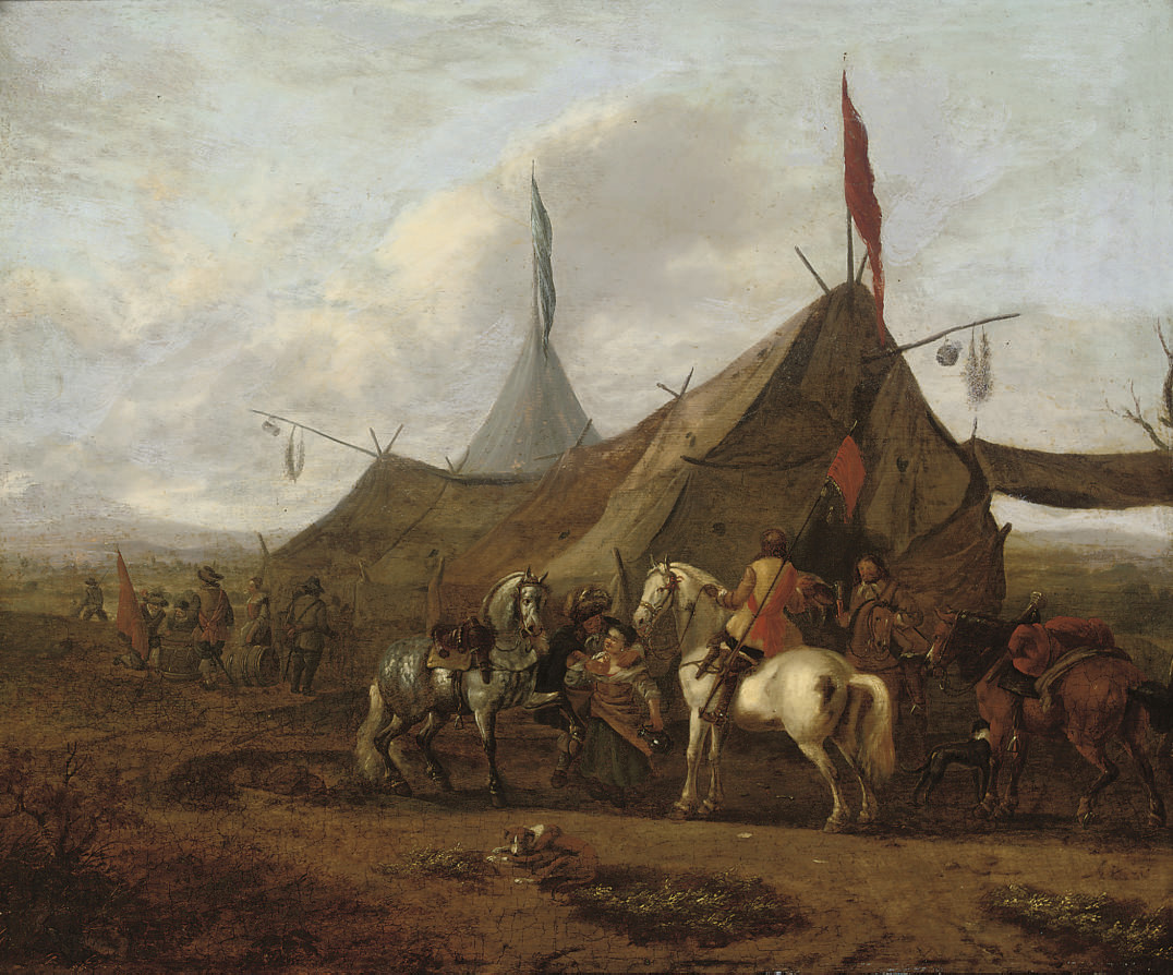 Philips Wouwerman — Всадники отдыхают у палатки маркитанта, а за ее пределами открывается обширный пейзаж.