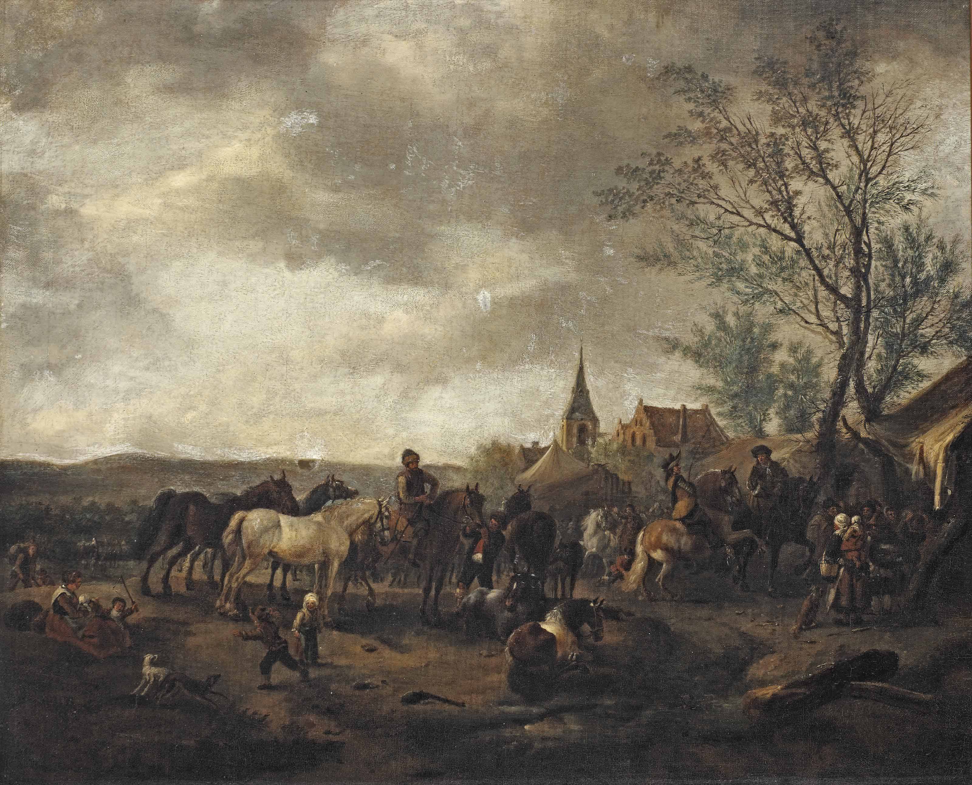 Philips Wouwerman — Дюнный пейзаж с конной ярмаркой на окраине деревни