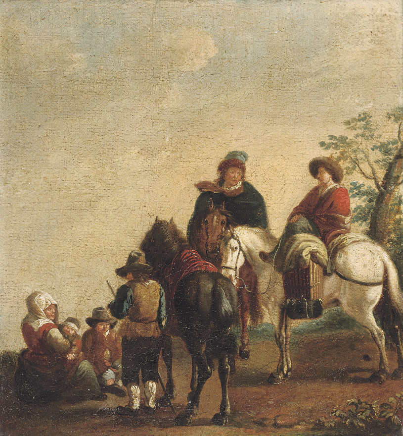 Philips Wouwerman — Лесистый пейзаж с фигурками на отдыхающих лошадях