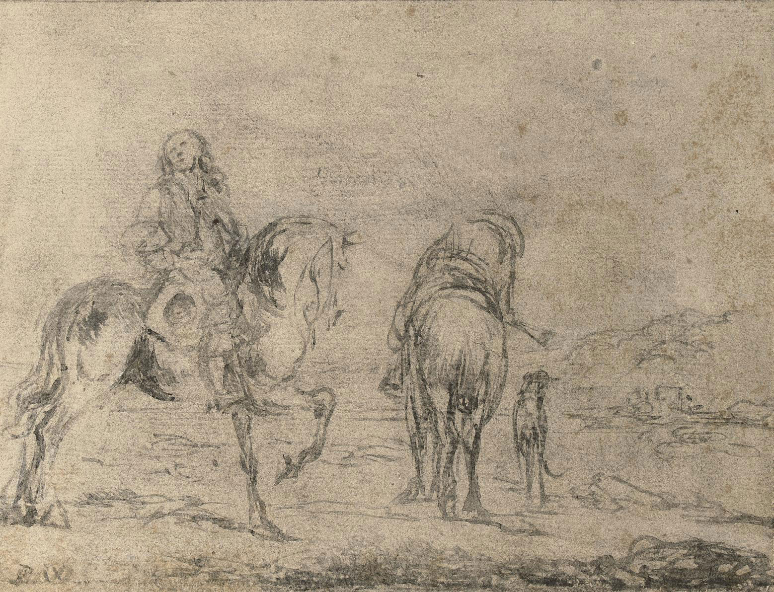 Philips Wouwerman — Два элегантных охотника на лошадях с собакой