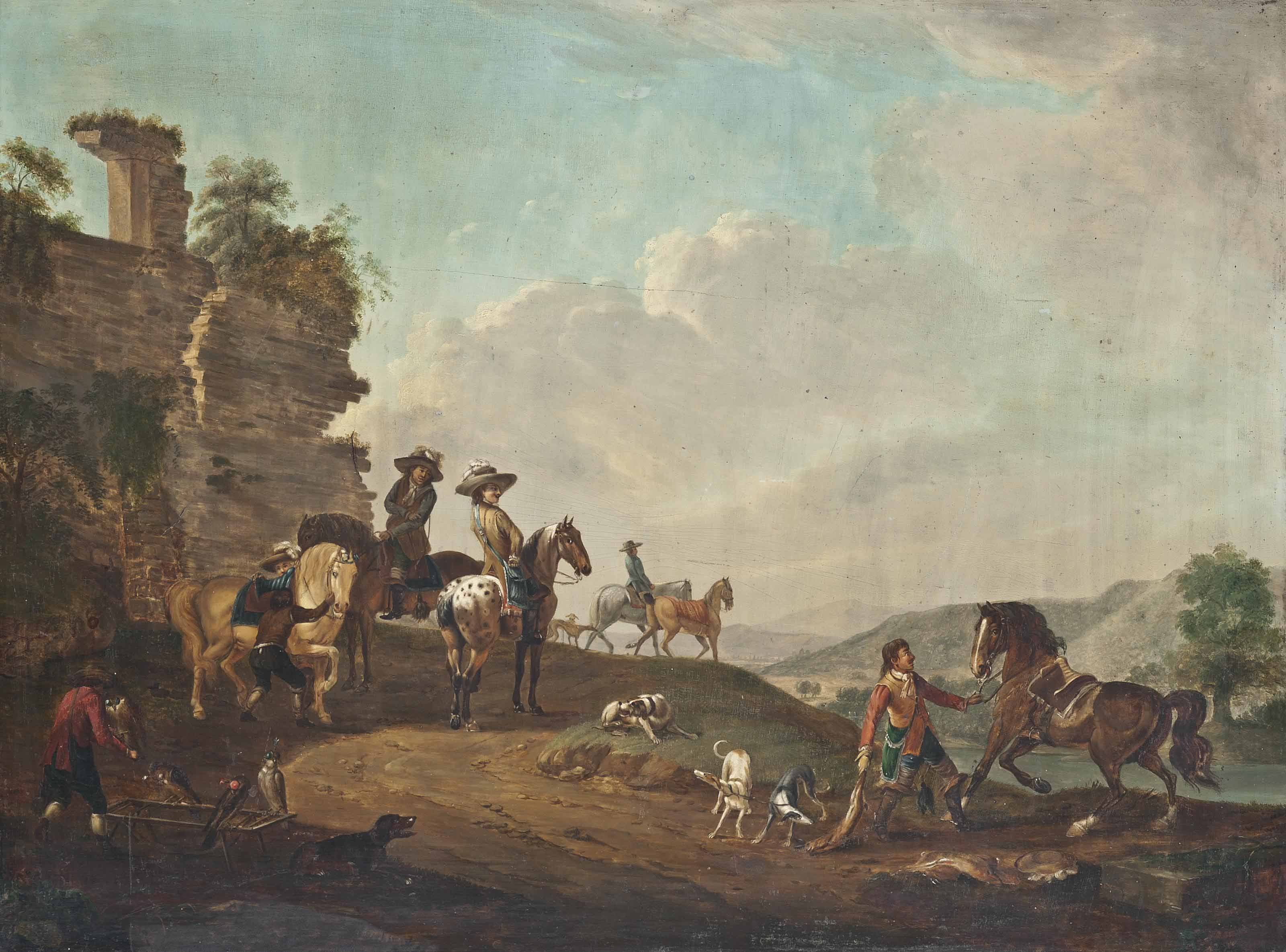 Philips Wouwerman — Лесистый речной пейзаж с вечеринкой соколиной охоты перед руинами