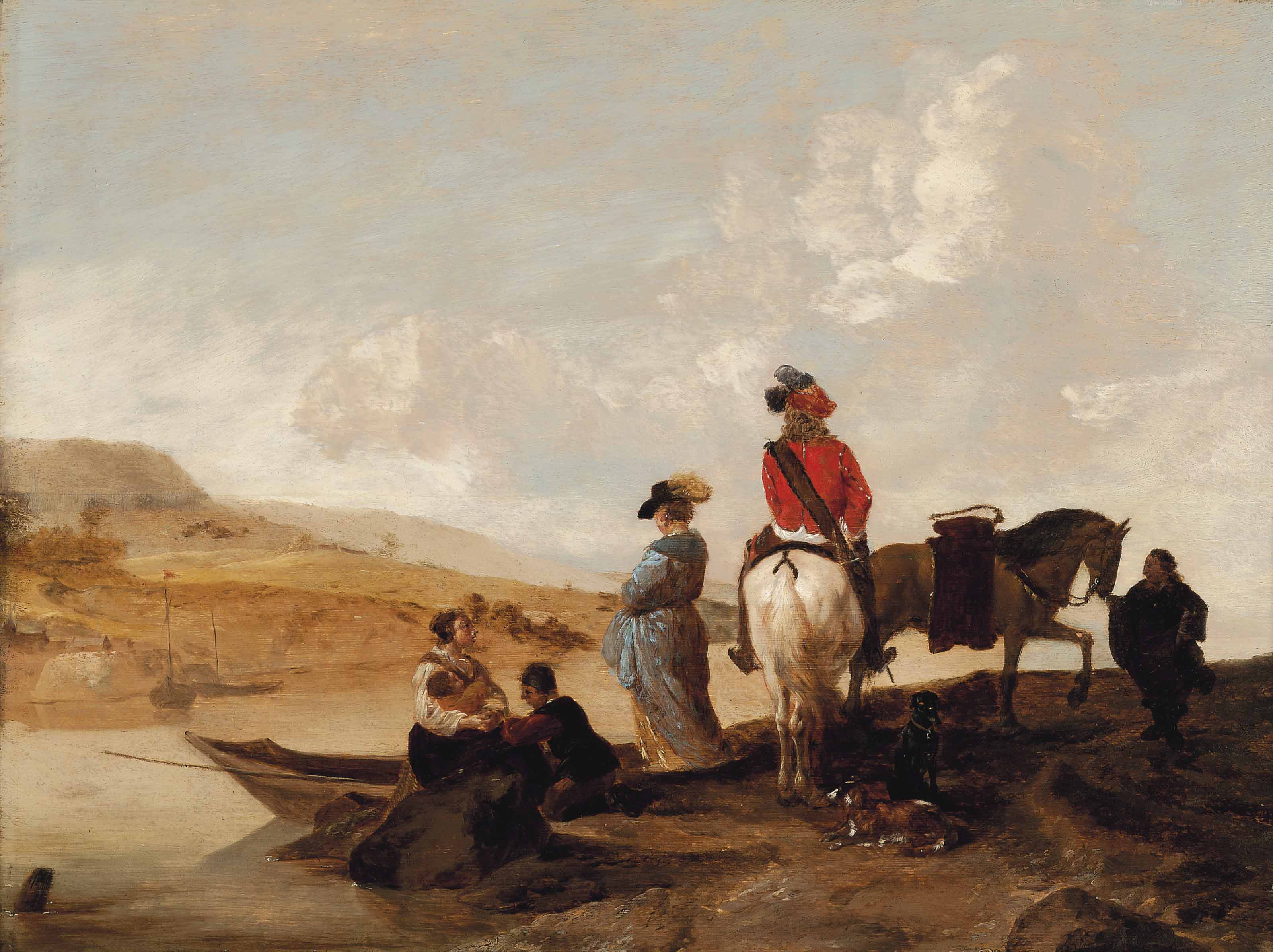 Philips Wouwerman — Всадник и дама на берегу, фигуры у парома