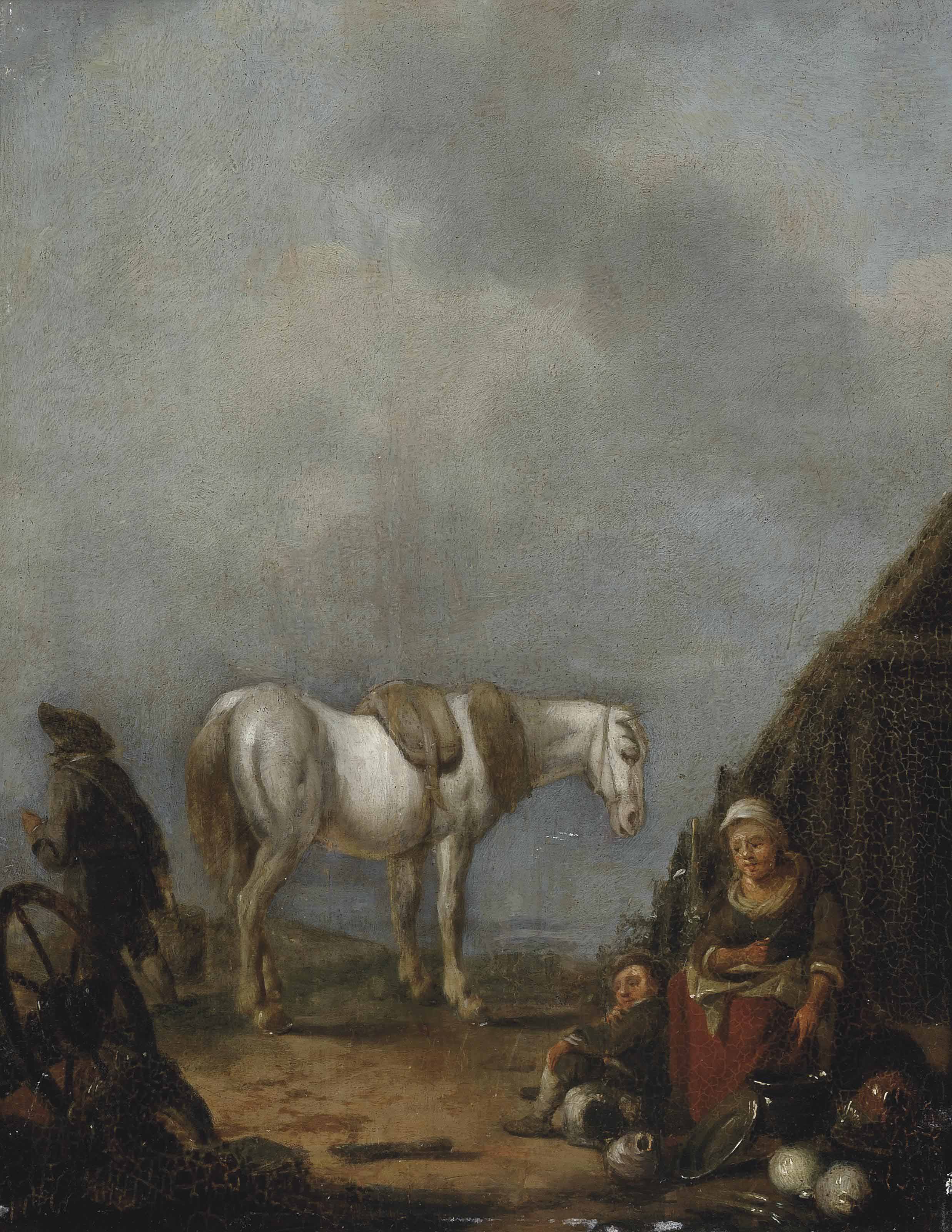 Philips Wouwerman — СЕРАЯ ЛОШАДЬ И КРЕСТЬЯНЕ У САРАЯ