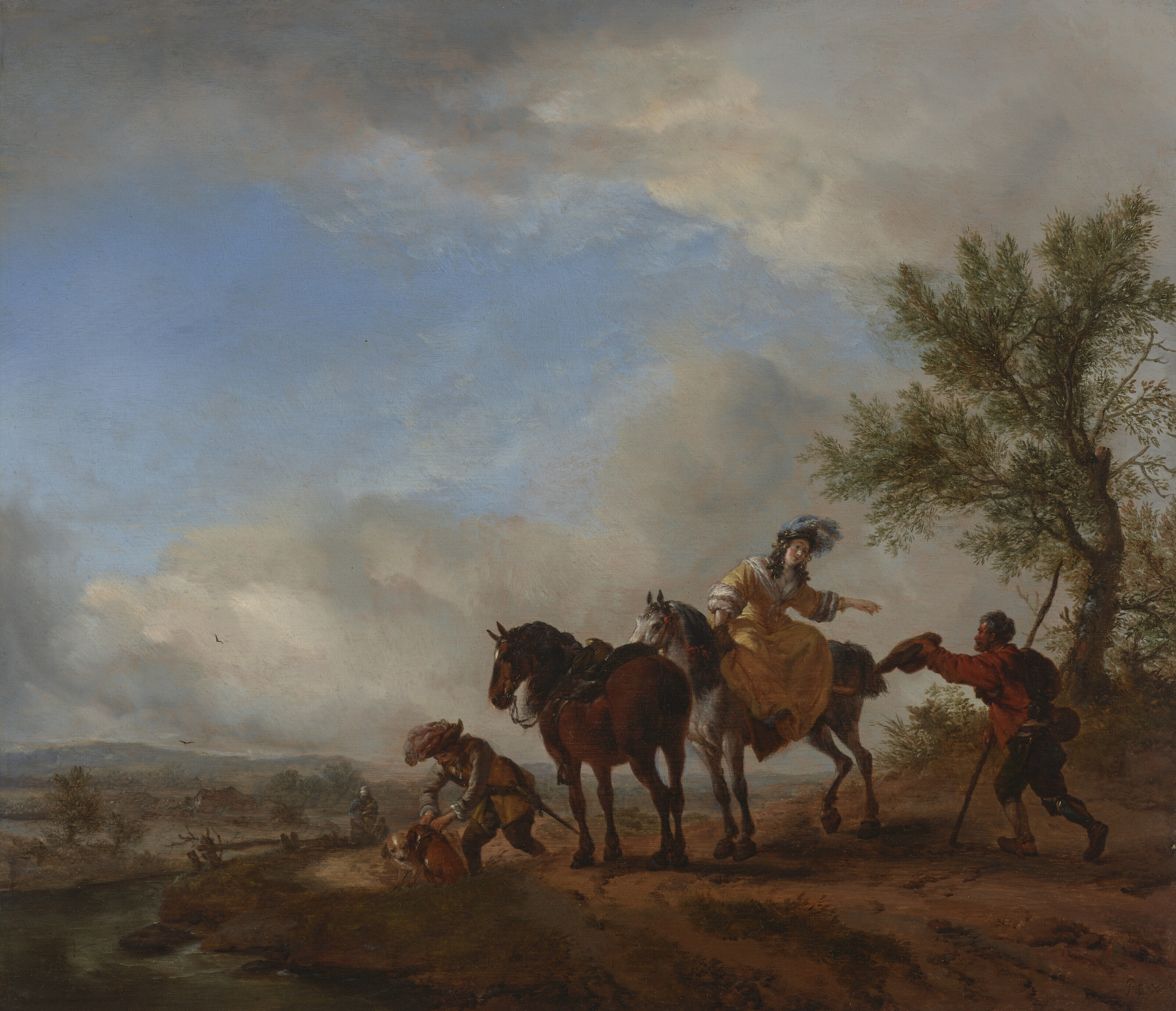 Philips Wouwerman — Элегантная дама верхом на лошади подает милостыню